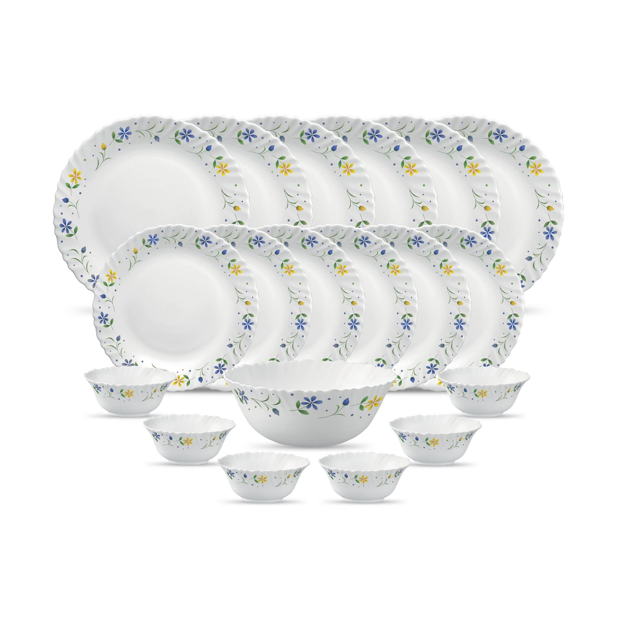 La Opala Diva, Classique Collection, Opal Glass Dinner Set 19 pcs, Twilight Bouquet, White