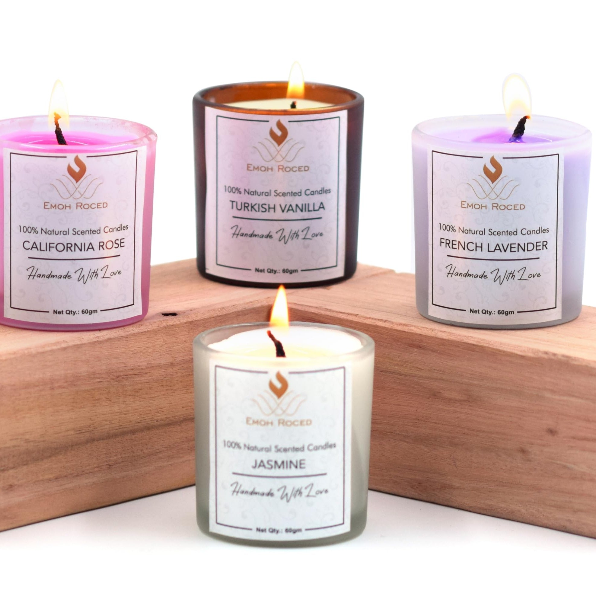 Emoh Roced Organic Aroma Candles Soy Wax 4 X 60gms Each, Scented Aromatic Fragrance of Vanilla, Jasmine, Lavender and Rose, up to 15 Hours, Best Gift