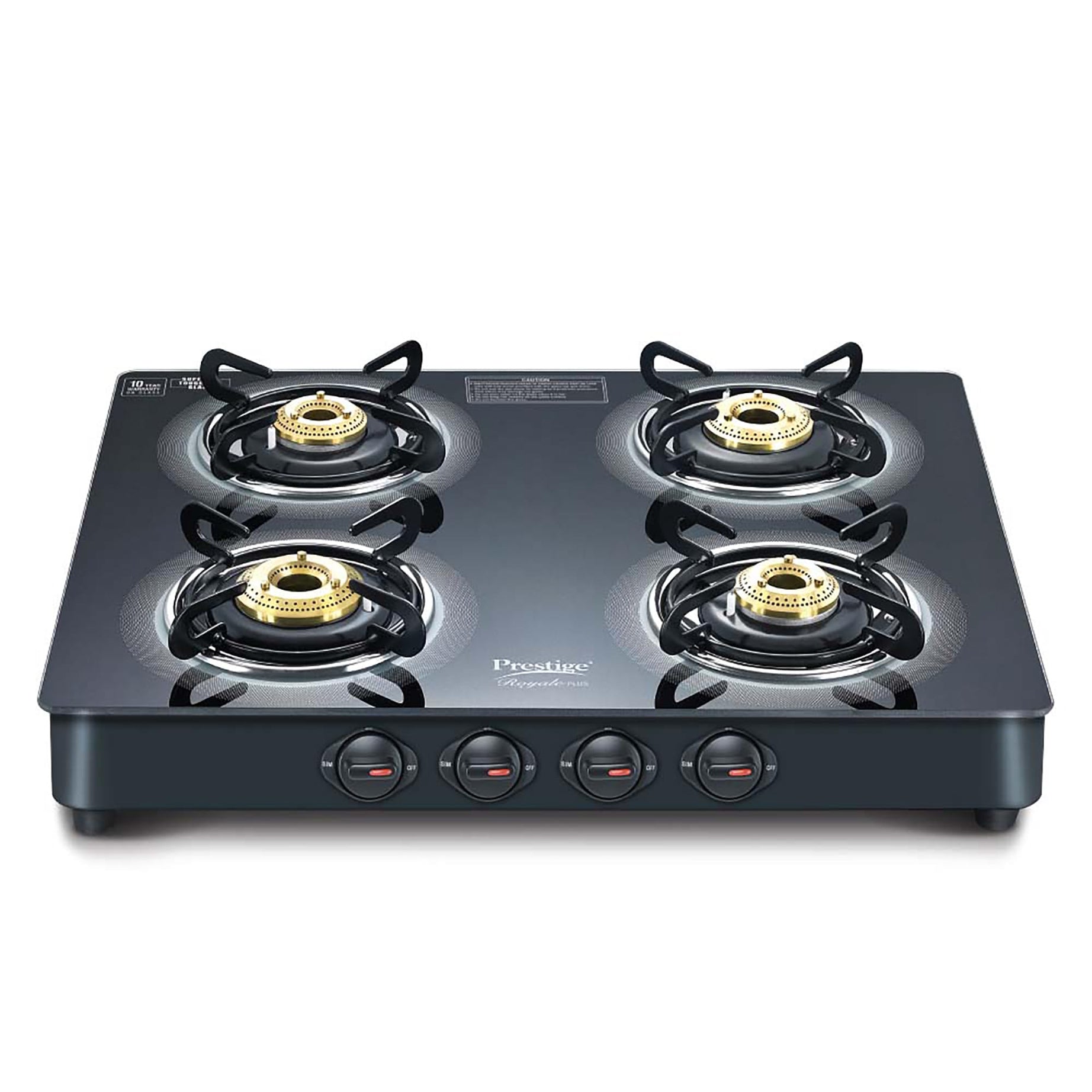 Prestige Royale Plus GT 04 Toughened Black Glass Top Gas Stove(Manual, 4 Brass Burners, Black, Baati/Tandoor Stand Inside)