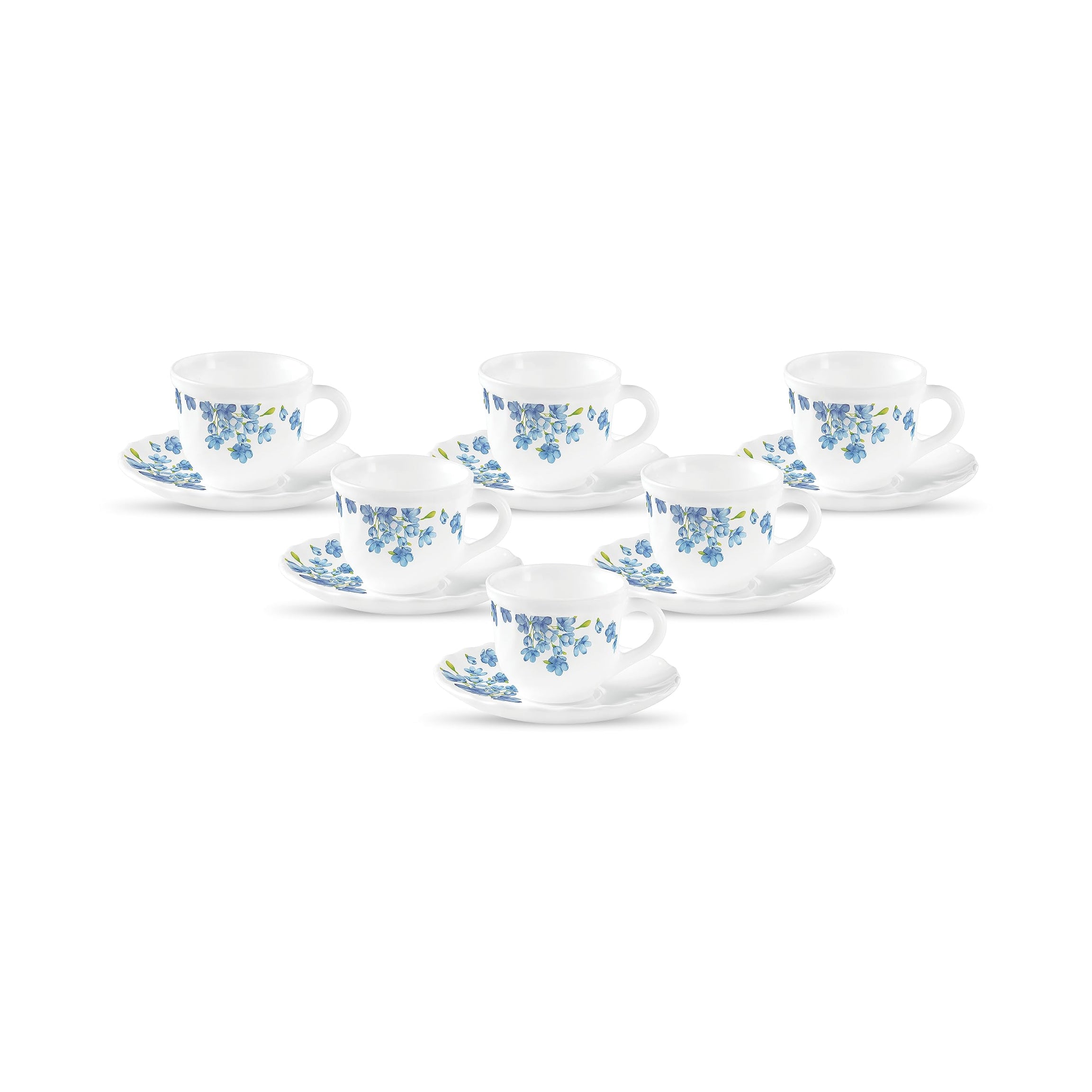 La Opala Diva, Opal Glass Crockery | Cup & Saucer Tulip Large, Set of 12 | Aster Blue, 220 ml | for Tea & Coffee | Microwave Safe | 100% Vegetarian | Extra Strong | Super Light | Super White