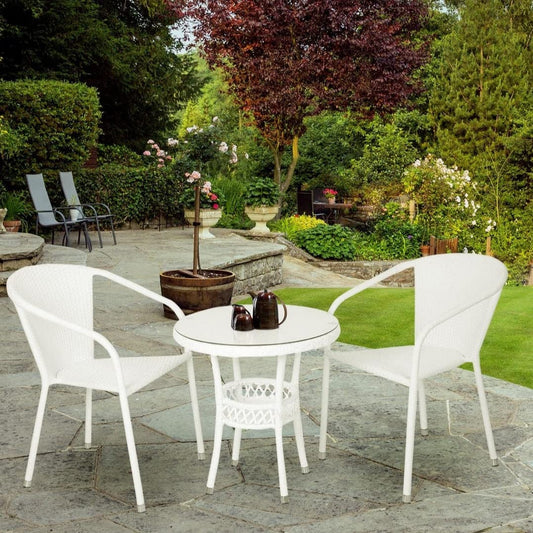 Outliving Garden Patio Seating Chair And Table Set With Glass Outdoor Balcony Furniture With 1 Tables And 2 Chair Set - (White) - Rattan, 24 Inch