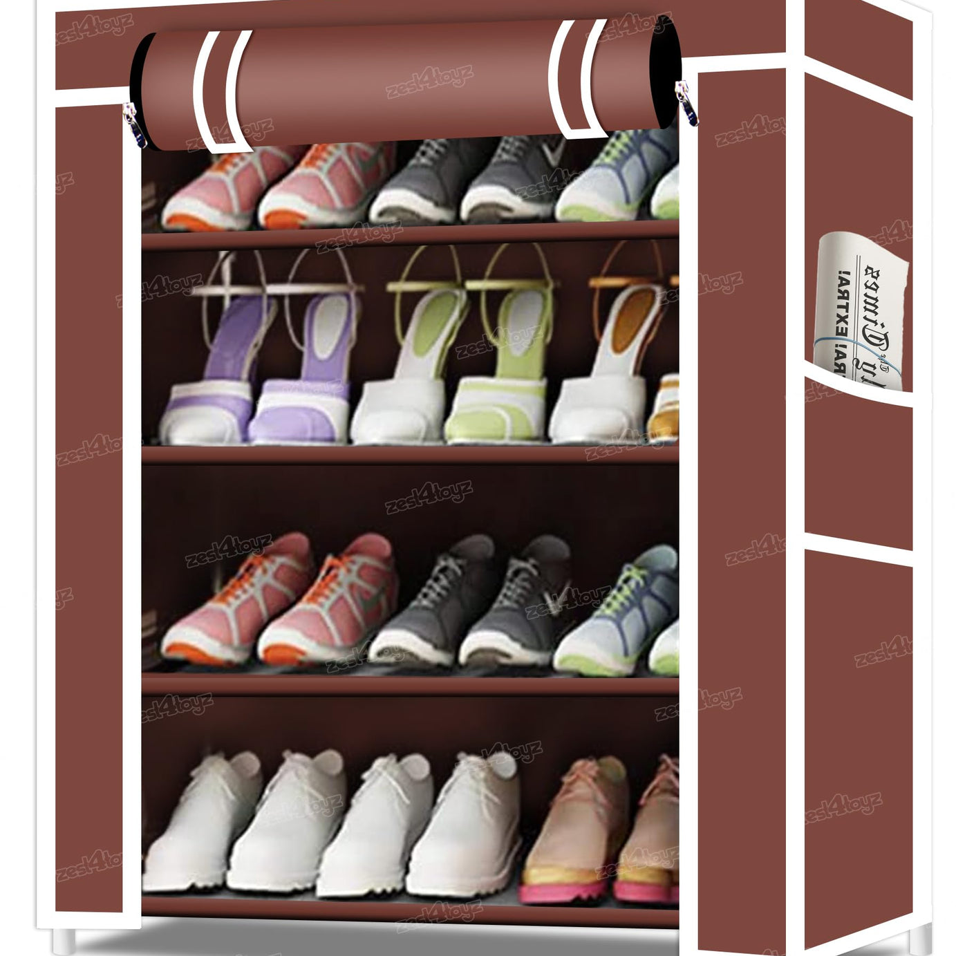 Zest 4 Toyz Shoe Rack 4 Shelves Cabinet with Zip Door Cover Shoes Shelf Shoerack Multiuse Storage Organizer Non Woven (INCH - Height 28.7,Length 22.8) Brown