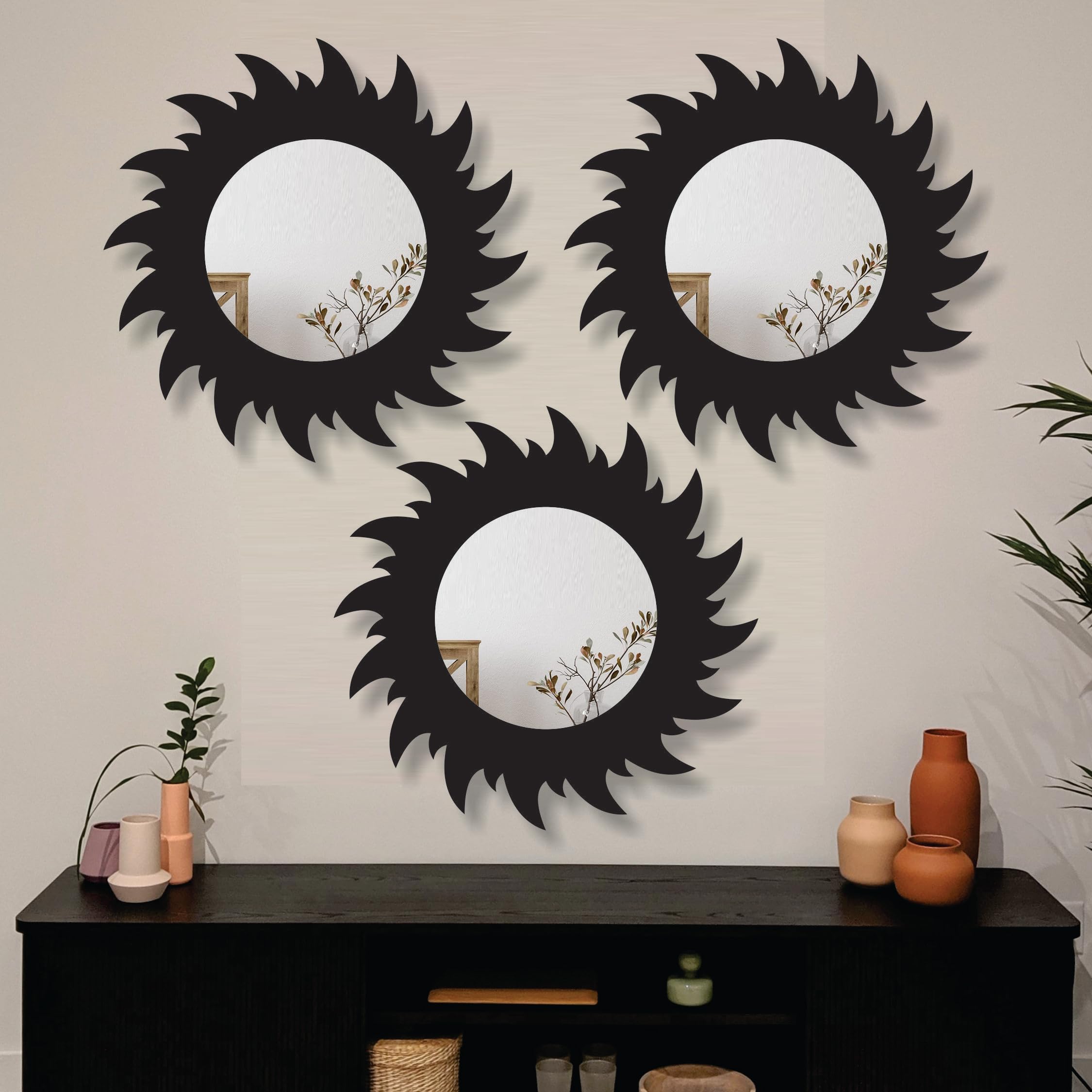 Creative Arts n Frames 11 inch set of 3 Round Wall Décor Hand Crafted Wooden HD Wall Mirror Panel for Living Room Bedroom Lobby Modern Wall Decor (Black 2)