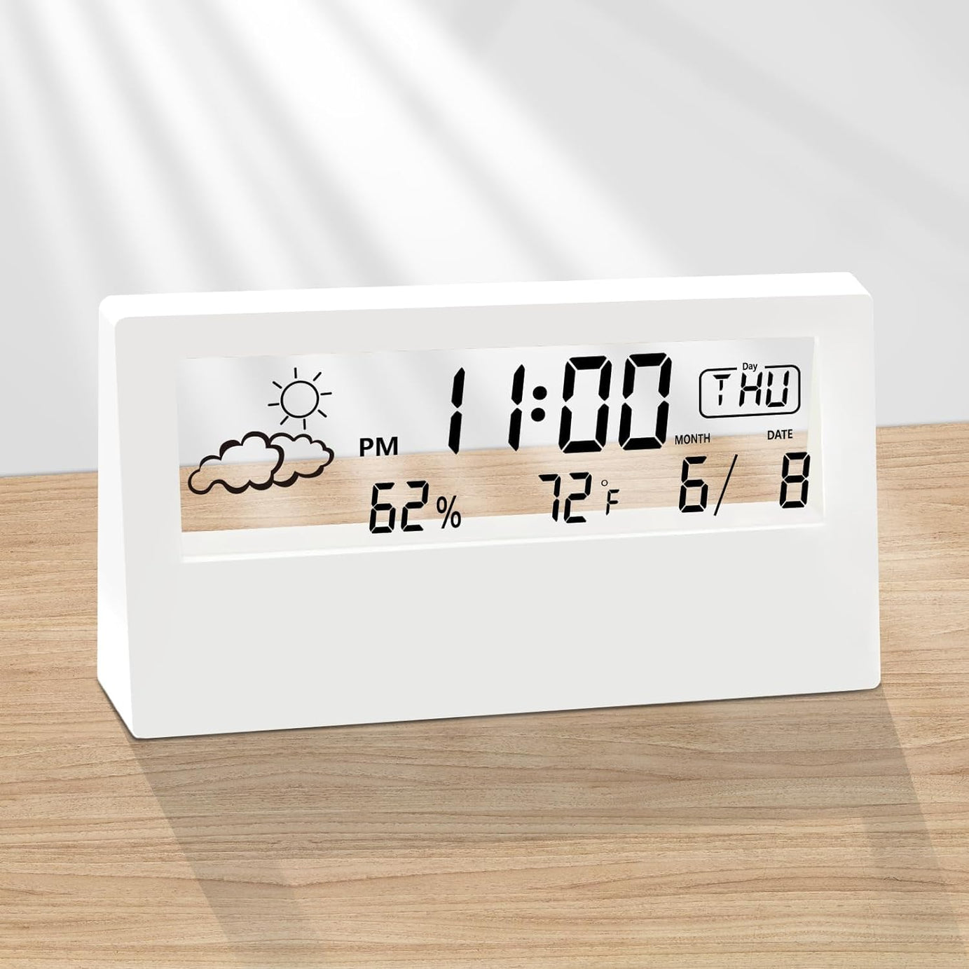 G POWERED Transparent Temperature and Humidity Meter LED Alarm Clock, Temperature and Time Display, Suitable for Living Room, Study Room, Bedroom