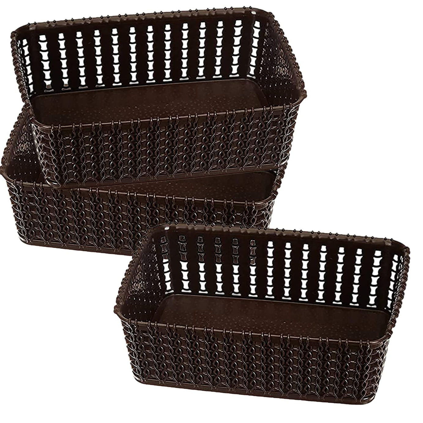 Kuber Industries Multiuses Small M 15 Plastic Tray/Basket/Organizer Without Lid- Pack of 3 (Brown) -46KM0113