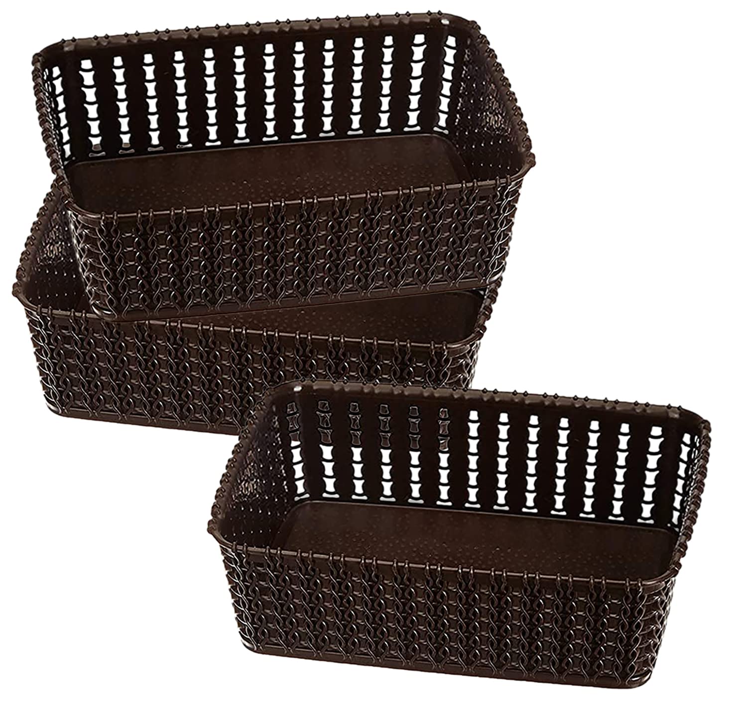 Kuber Industries Multiuses Small M 15 Plastic Tray/Basket/Organizer Without Lid- Pack of 3 (Brown) -46KM0113