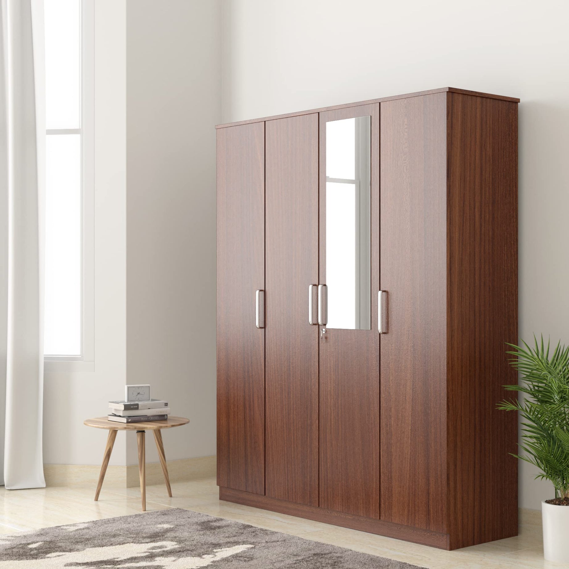 Amazon Brand - Solimo Grants Engineered Wood 4 Door Wardrobe with 1 Drawer and Mirror (Asian Walnut Finish)