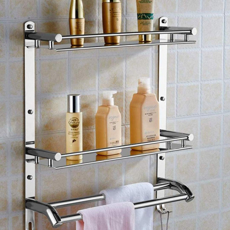 Oslen Stainless Steel Double Layer Chrome Finish Multipurpose Wall Mount Bath Kitchen Bathroom Accessories Rack Shelf, Silver, Set of 1