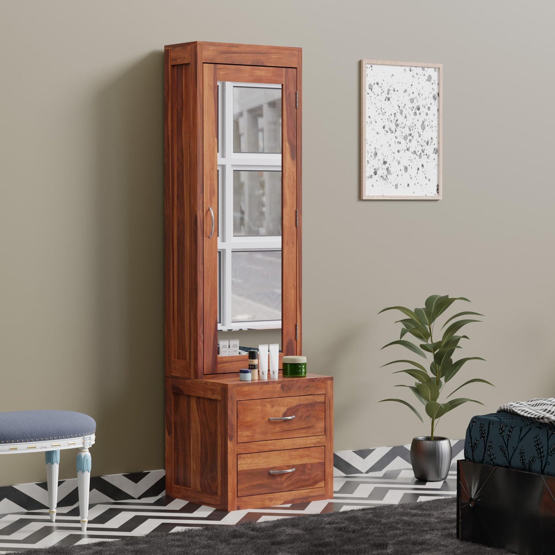 Krishna Wood Decor Sheesham Wood Dressing Table With 2 Drawer Storage For Living Room Bedroom Wooden Vanities For Home Solid Wood Bedroom Furniture (Teak Finish),Brown