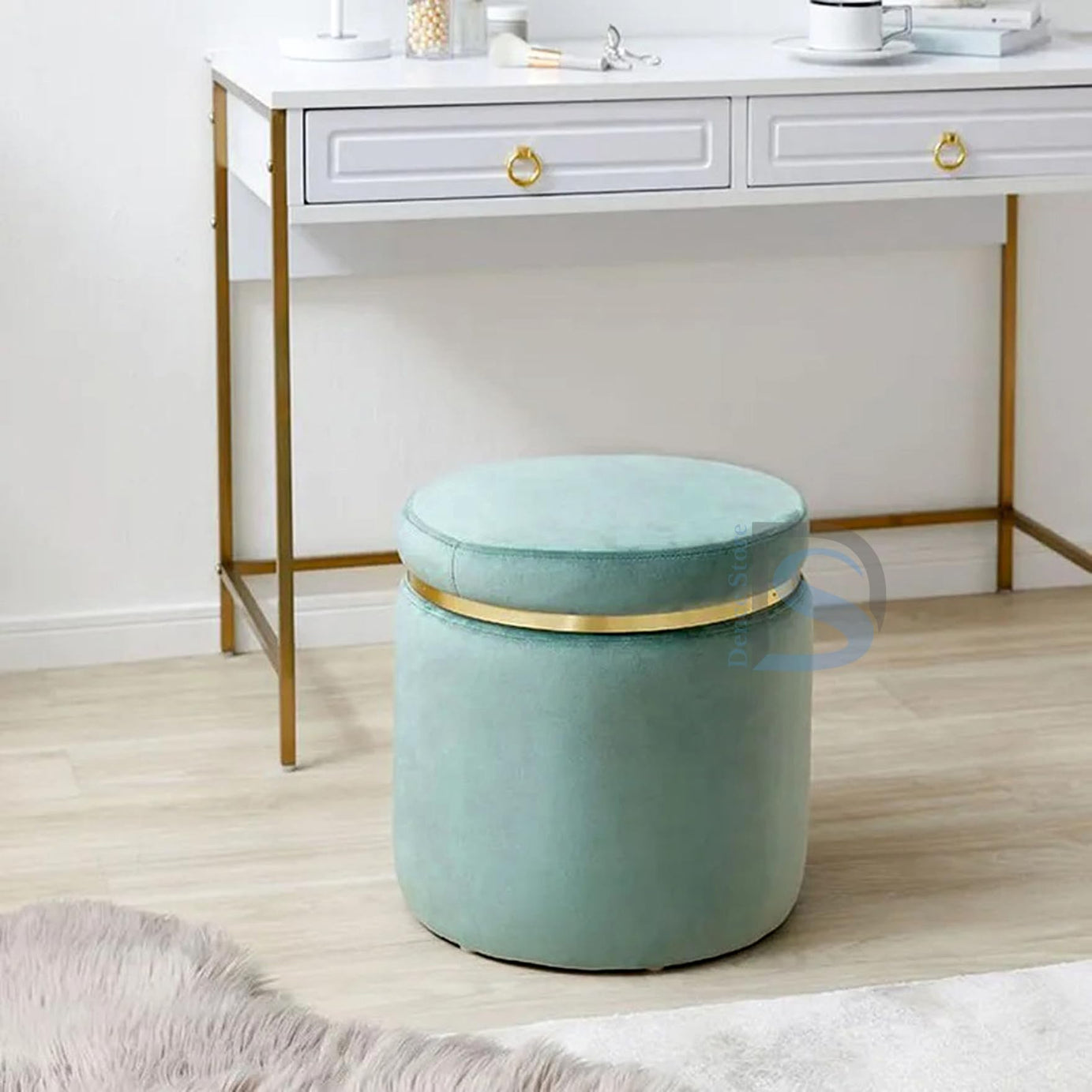 Dence Store Round Footrest Stool with Linen Fabric Padded Seat Pouffe Ottoman in Velvet for Living Room, Bedroom, Hallway-Mint Green