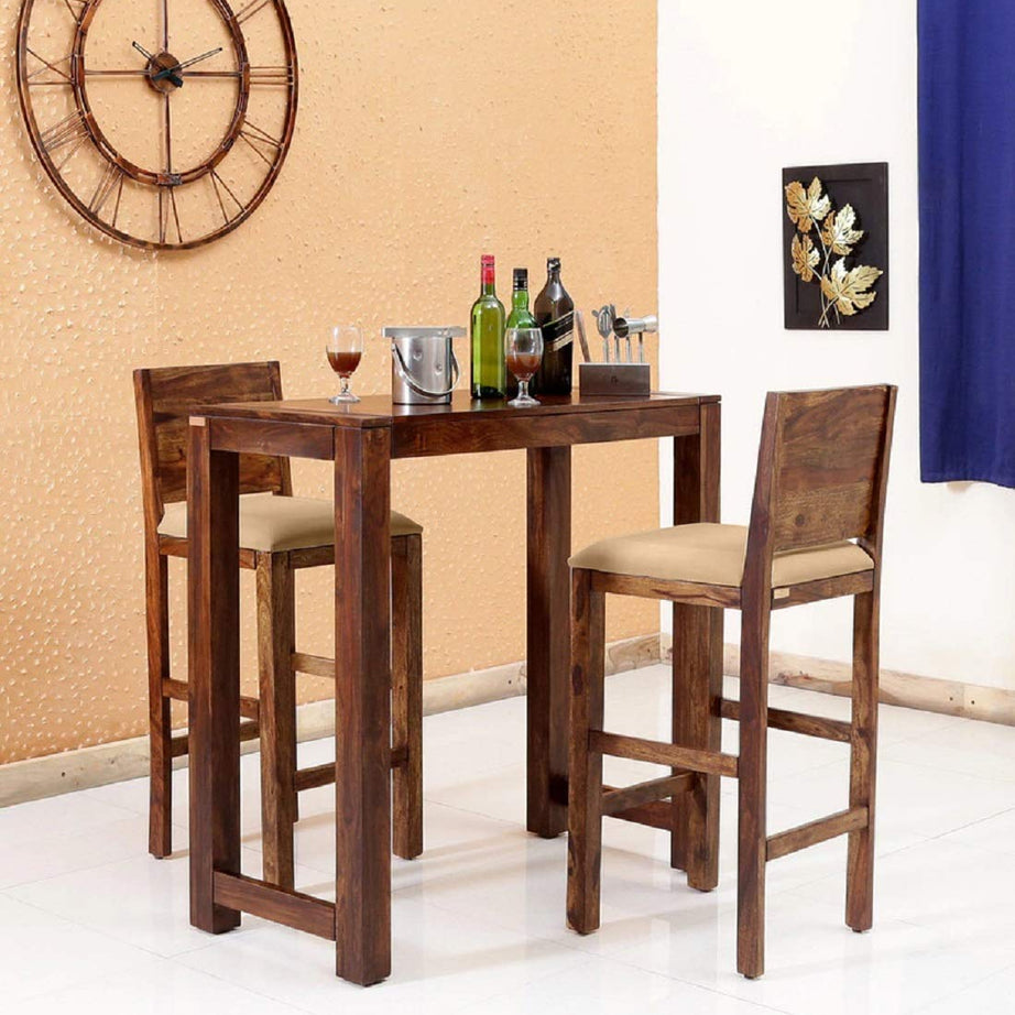 Ramdoot Furniture Solid Sheesham Wood Bar Dining Table 2 Seater Set Solid Wooden 2 Seater Bar Dining Table with Bar 2 Chairs Home Living Room Dining Room Furniture Wood Dining Table Color Teak