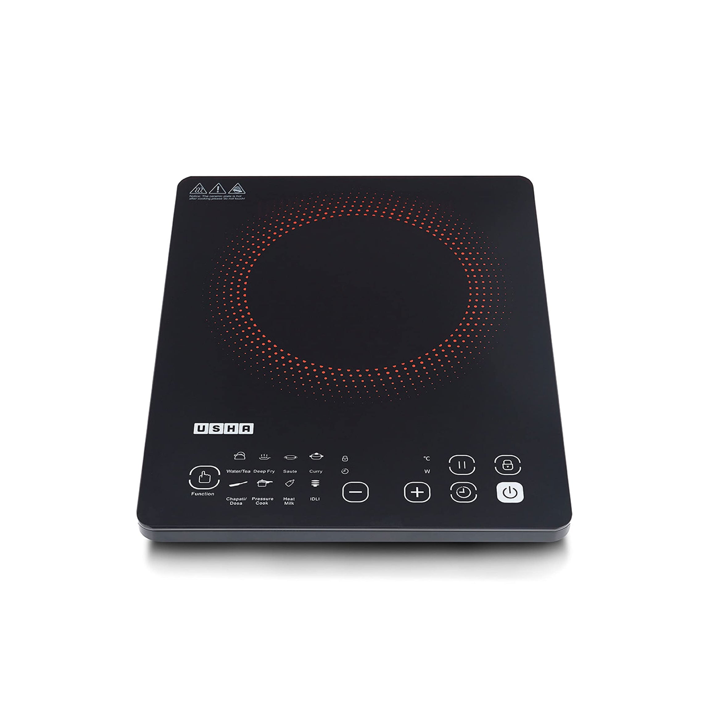 USHA Induction Cooktop CJ2000WTCXL 2000W | Black, Touch Panel, 8 Pre-set Menu, Pan Sensor, Keep Warm Function