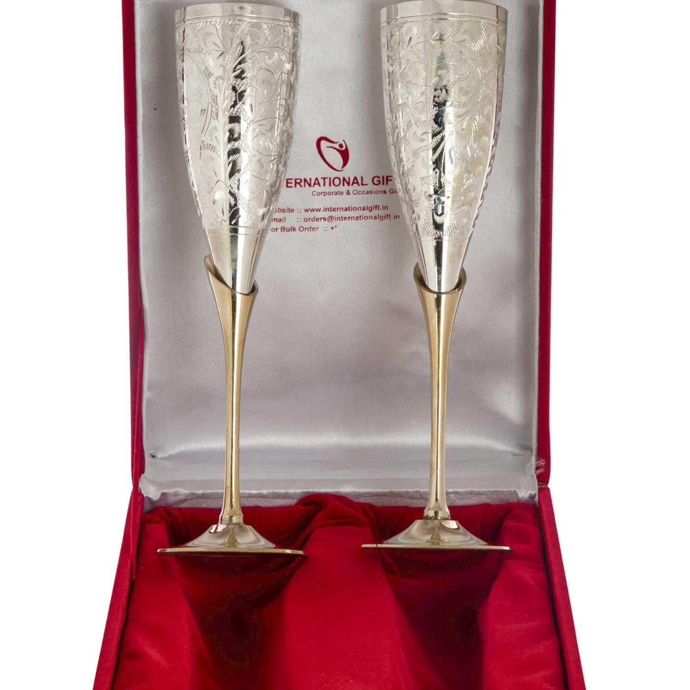 INTERNATIONAL GIFT® German Silver Wine Glass with Beautiful Velvet Box Packing and with Carry Bag (Set of 2 Pieces Glass / 28 Centimeters)