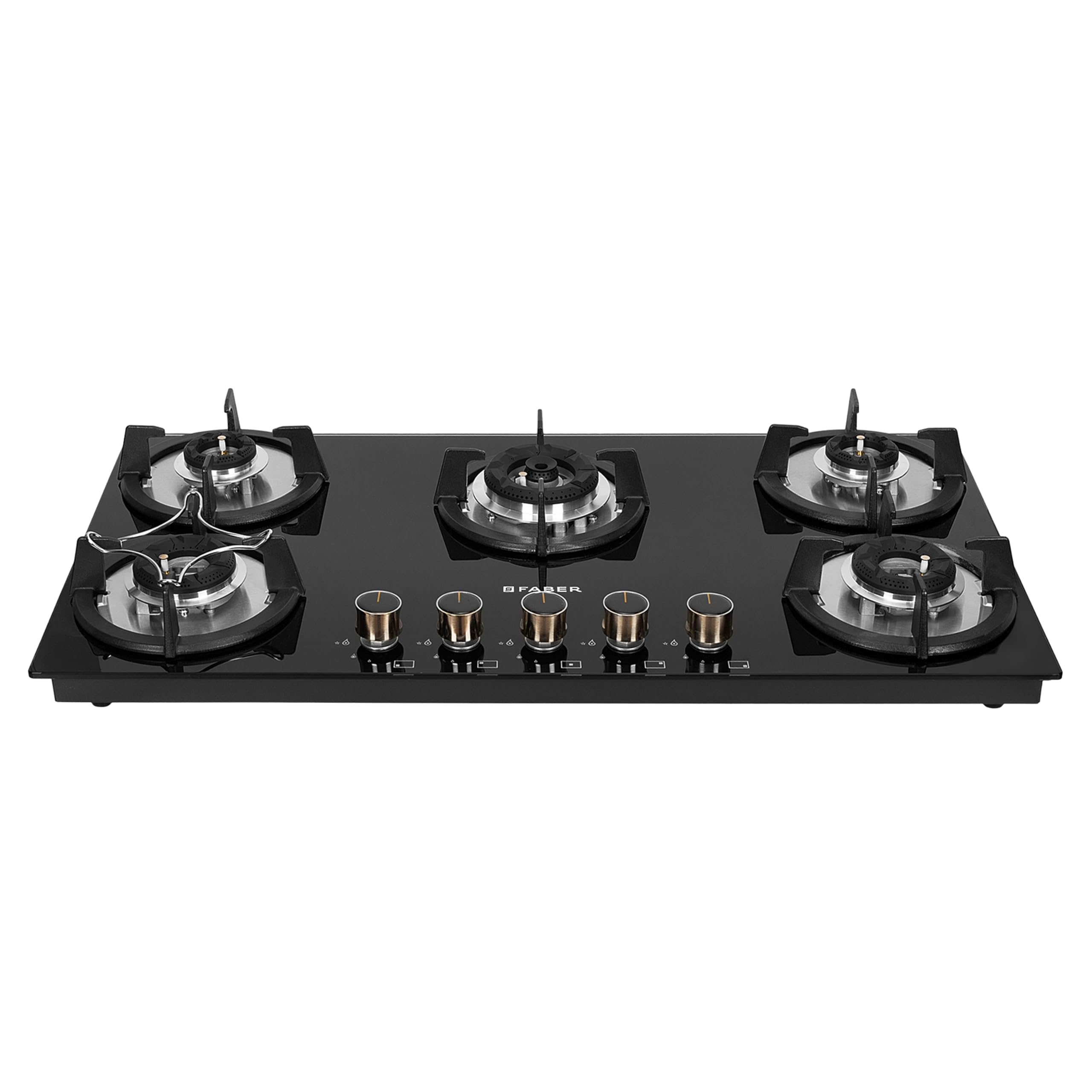 Faber Hob 5 Burner | Auto-Ignition | Spillage Proof | HOB SUPERIA HT905 BR AI | Concealed Chamber | Metal Knobs | Pan Support | Black Glass Finish |5 Yr Warranty on Burner & Glass | 1 Yr comprehensive