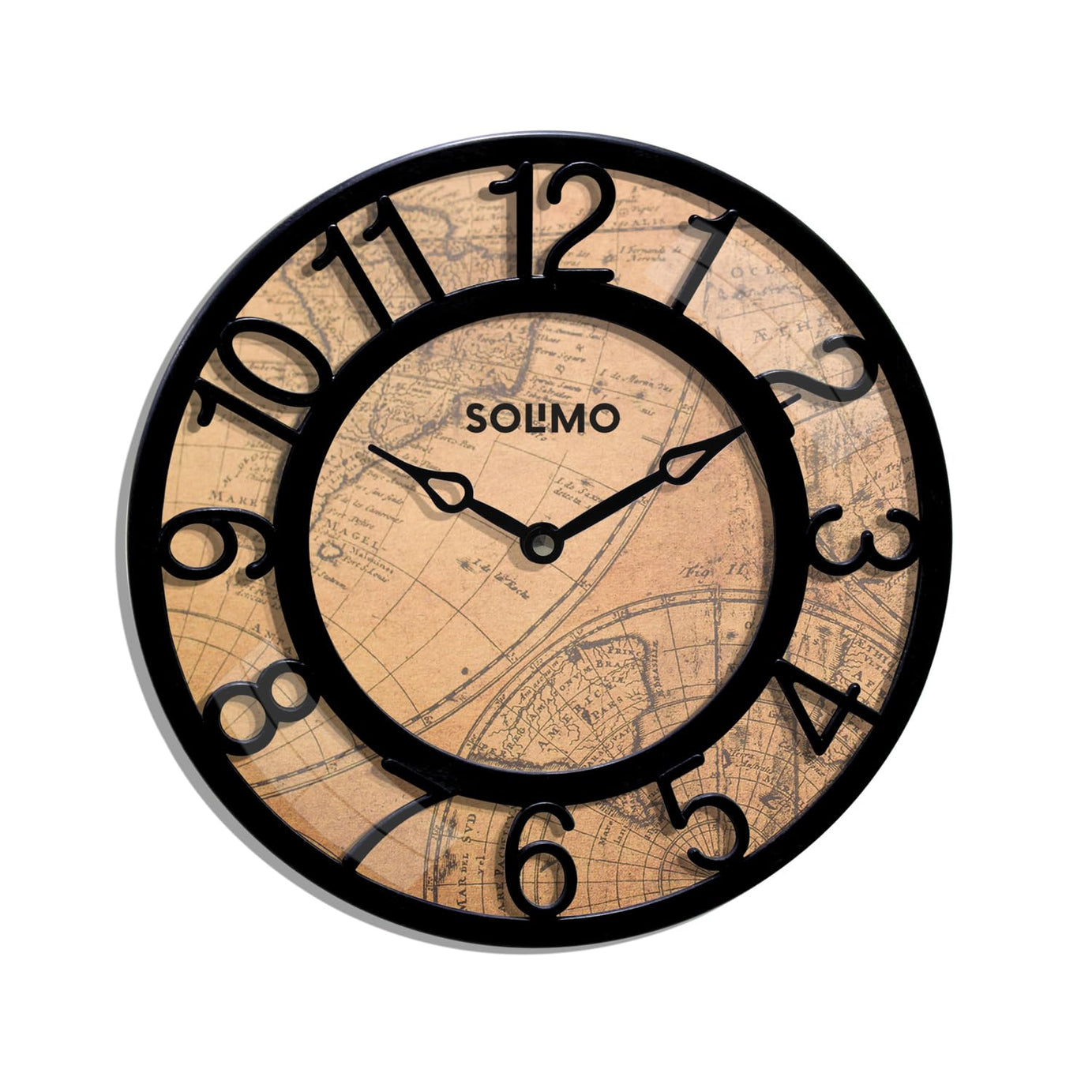 Amazon Brand - Solimo 8-Inch Plastic Analog Wall Clock/Table Clock - Map Dial (Black Frame, Quartz Movement)