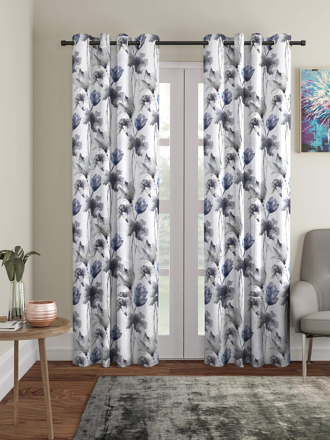 Home Sizzler 2 Pieces Abstract Flower Eyelet Polyester Door curtains - 7 Feet, Grey