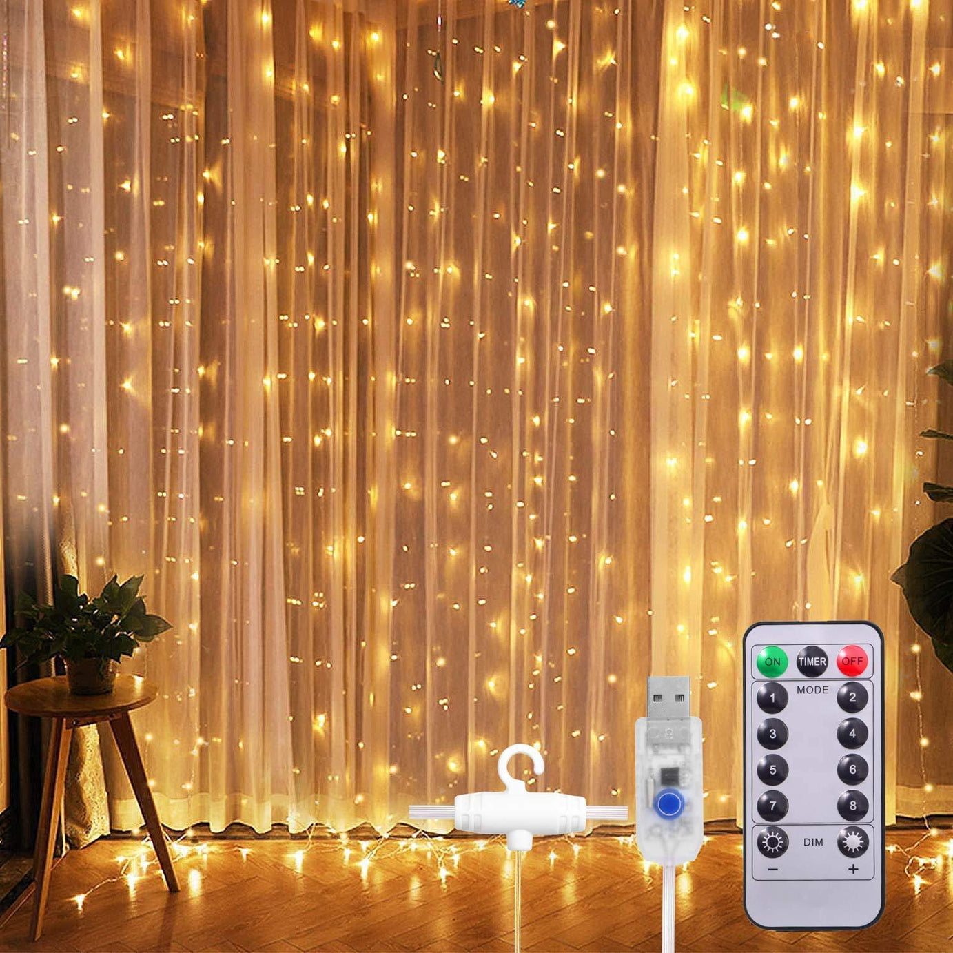 Quace 300Led Window Curtain String Light 8 Lighting Modes Fairy Lights Remote Control USB Powered Waterproof Lights for Christmas Bedroom Party Wedding Home Garden Wall Decorations,(Warm White)…