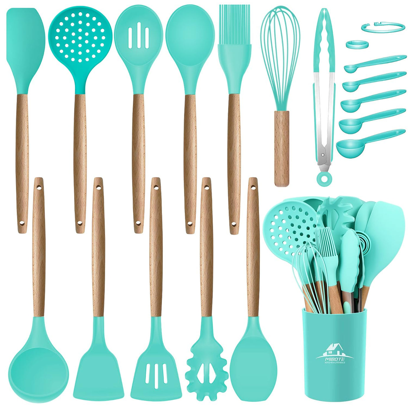 MIBOTE 11pcs Silicone Cooking Kitchen Utensils Set, Bamboo Wooden Handles Cooking Tool BPA Free Non Toxic Silicone Turner Tongs Spatula Spoon Kitchen Gadgets Utensil Set for Nonstick Cookware (Green)