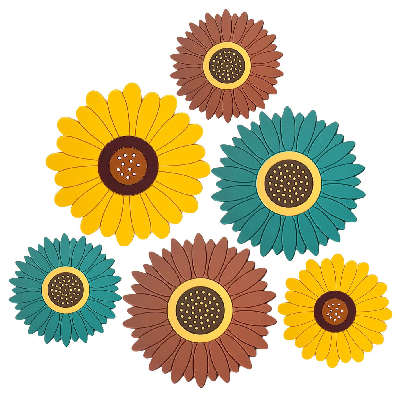 P-Plus International Silicone Trivet Sunflower Hot Pot Holder Anti-Slip Cup Coasters Bowl Tableware Mat Heat Resistant Pans Pads Silicone Trivet Mat (Big+Medium, Random Color, Set of 6)