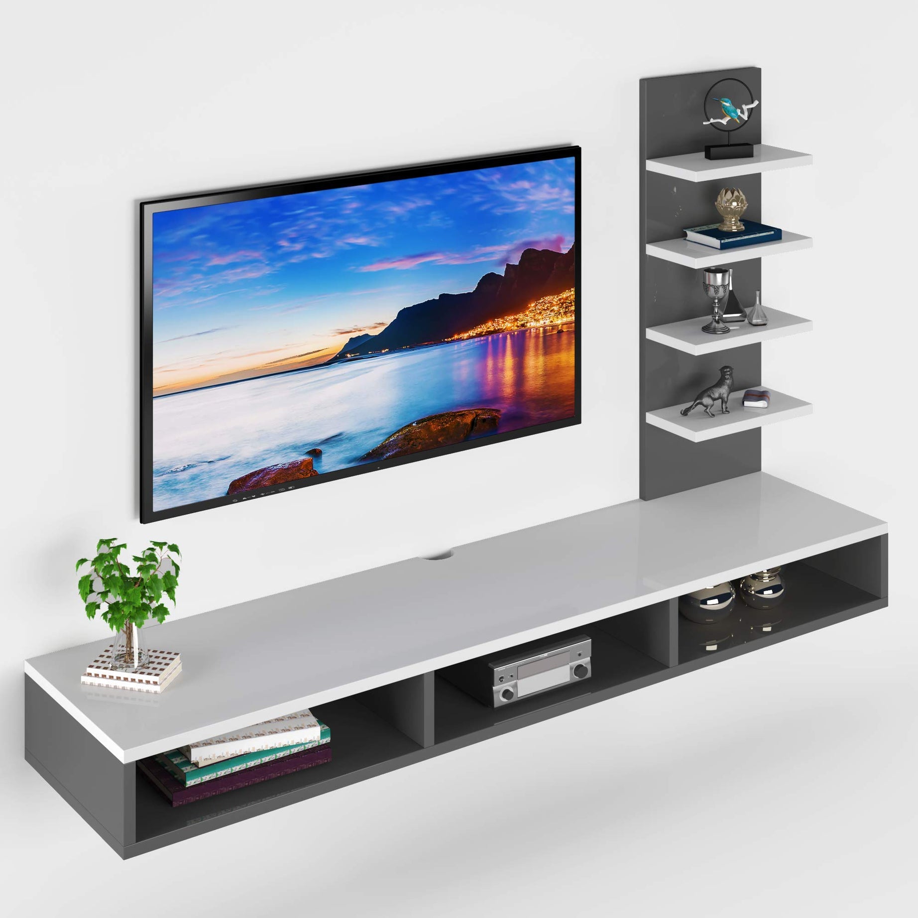 Furnifry Wooden TV Entertainment Unit/Wall Set Top Box Shelf Stand/TV Cabinet for Wall/Set Top Box Holder for Home/Living Room/Drawing Room/Wall Mounted TV Unit Ideal for TV Upto 42" (White/Grey)