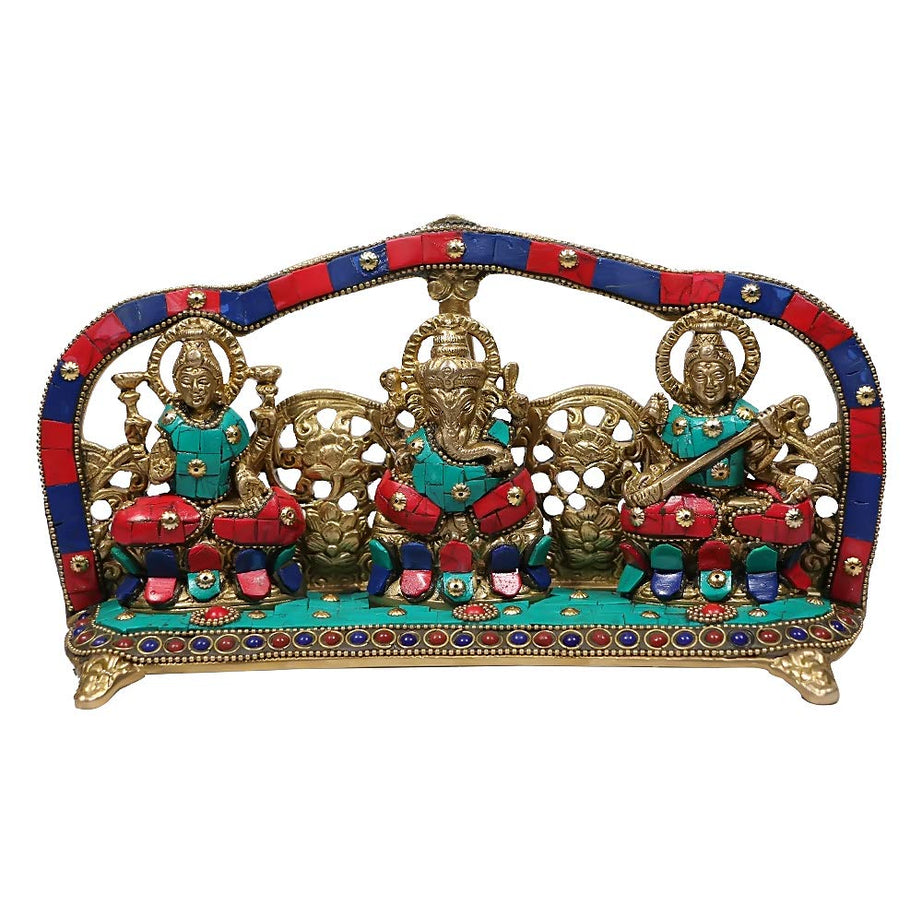 CRAFTHUT Metal Brass Statue/Laxmi Ganesh Saraswati at Home & Office Diwali Gift/Pooja Essential, Dimensions (LxBxH - 10x2.5x5.5) Inches, Weight - 1.6 Kg, Multi Color, 1 Piece