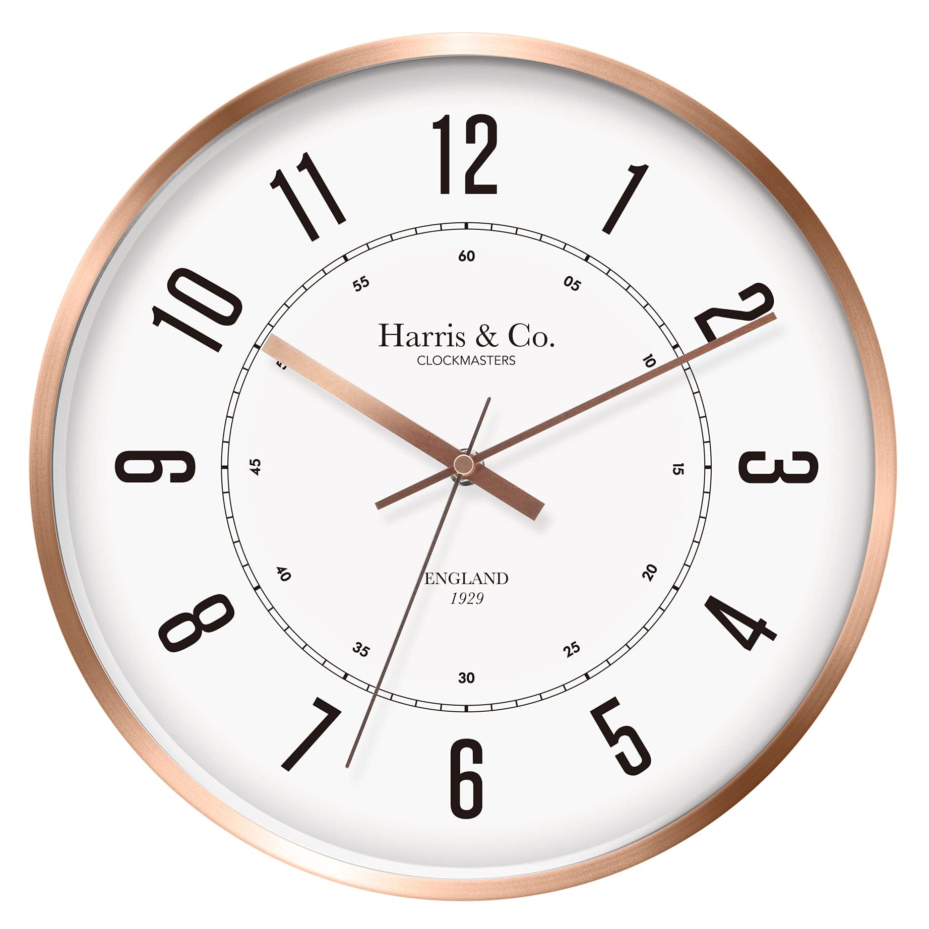 HARRIS & CO. CLOCKMASTERS Silent Sweep Noiseless Technology Wall Clock (12 Inch, Rose Gold Metal Frame, Model - Oxford Street in Rose) Analog