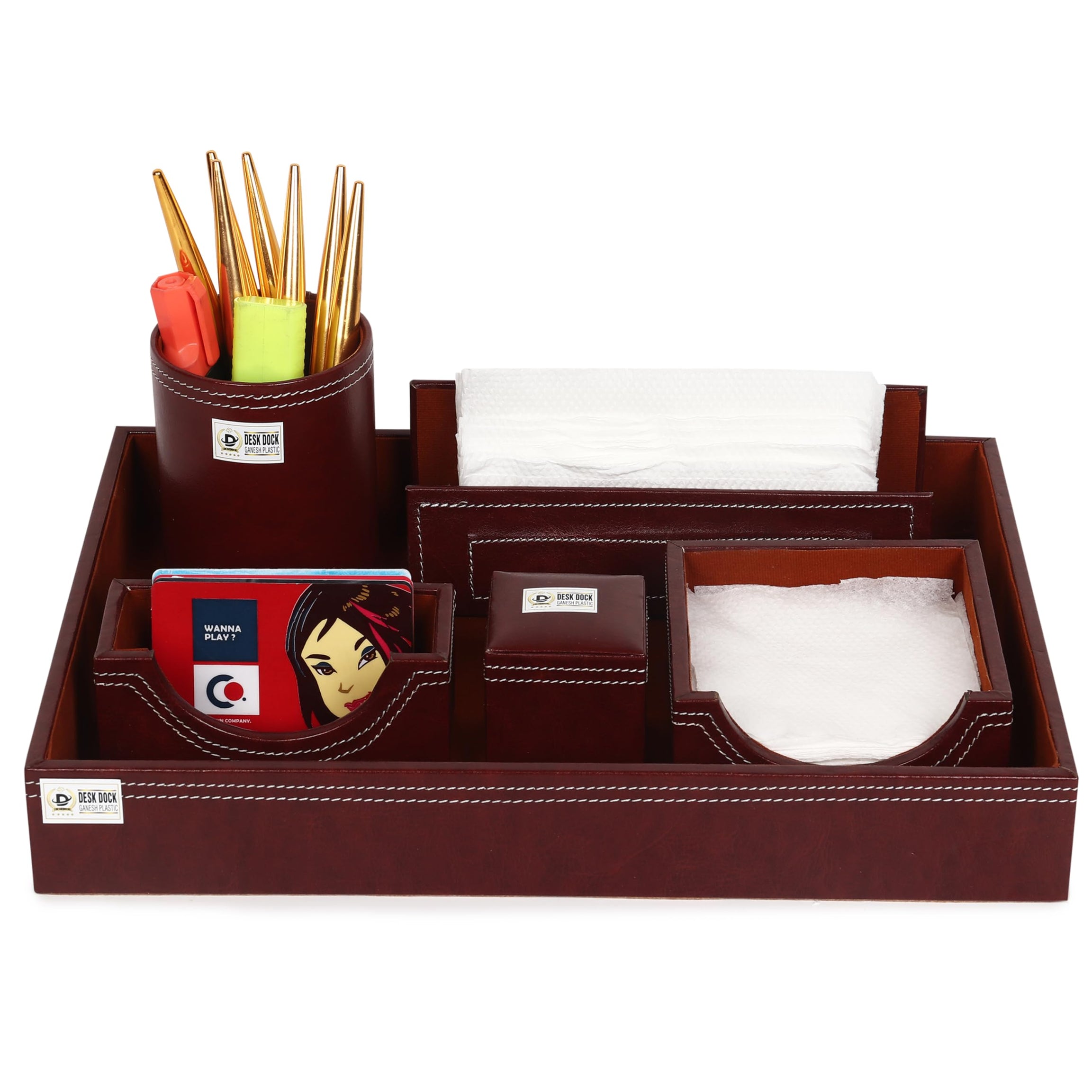 Leather Pen stand Multipurpose Desk Organizer 6-in-1 Desktop Pen Stand Set With Business Card Mobile Holder & Remote Stand for Office Desk Table Storage Organizer Box 12.75x9 Inches (Brown)