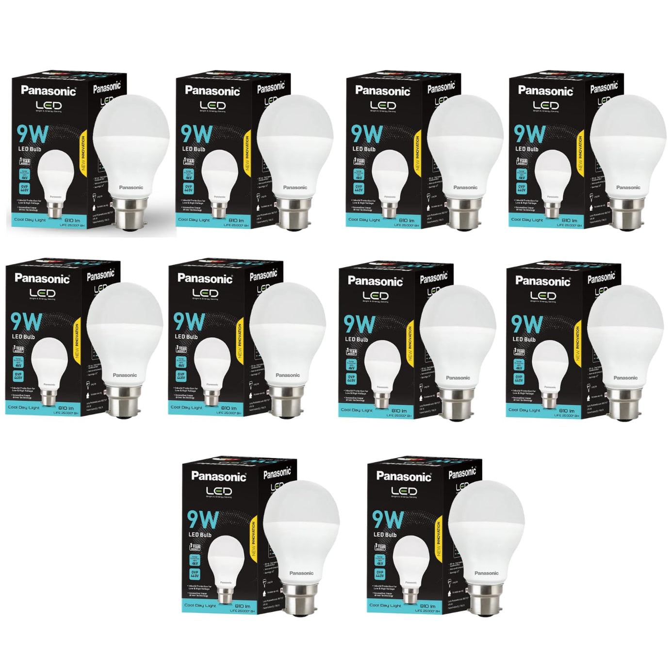 Panasonic 9W LED Bulb | LED Bulb 9 watt with B22 Base | 4kV Surge Protection 9 Watt Bulb (Cool Day Light, Pack of 10)