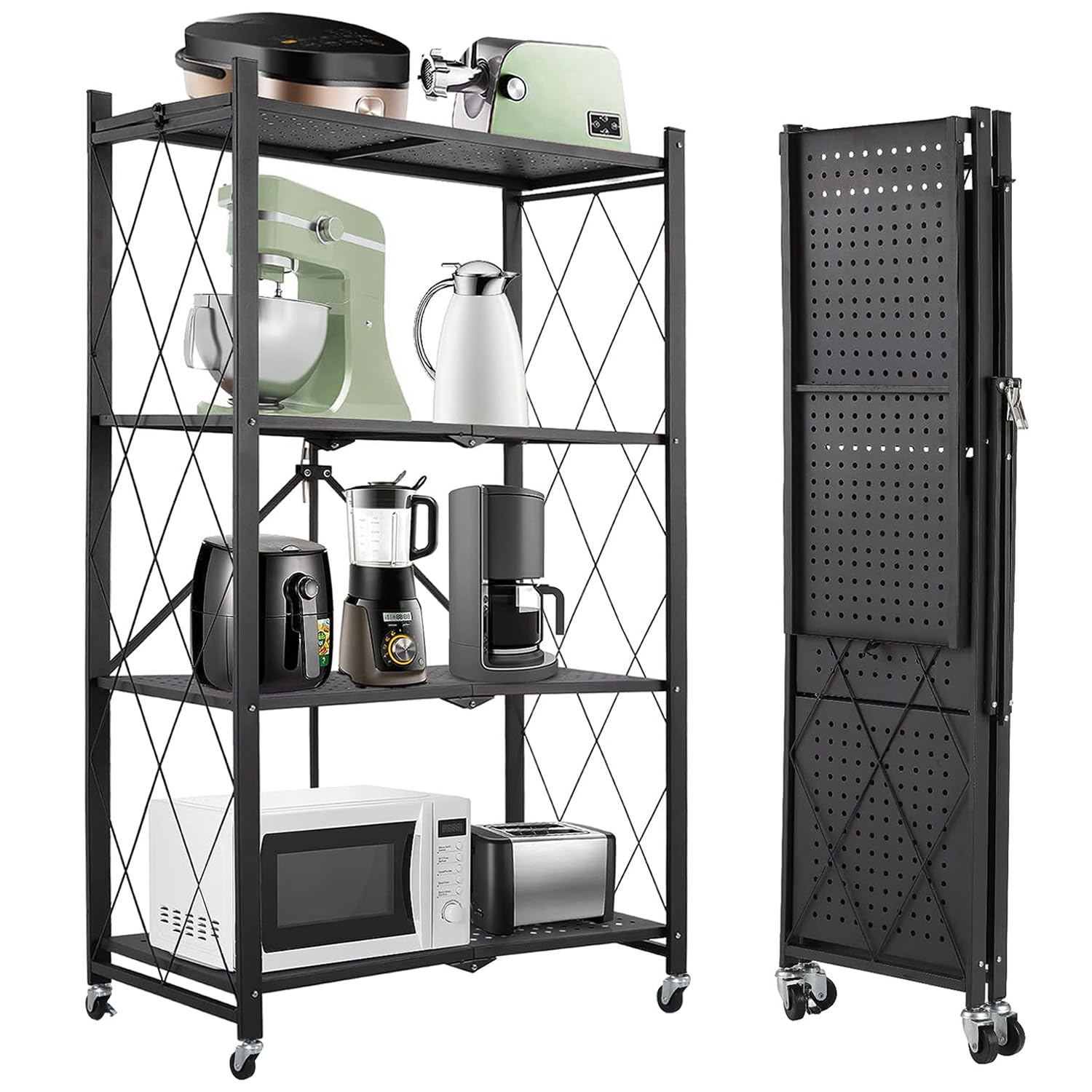 ABOUT SPACE Foldable Kitchen Storage Rack - 4 Tier Space Saving Metal Stand with Caster Wheels Crockery Unit Multifunctional Movable Microwave Stand Trolley -Upto 120Kg (Black- L 69 x B 31 x H 127 cm)