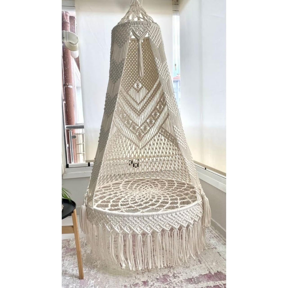 ecofynd Cotton Premium Luxury Macrame Swing Hammock For Adults & Kids, Large Chair Jhula Relax For Indoor, Outdoor, Balcony, Deck, Patio, Living Room, Home (Bh017), White