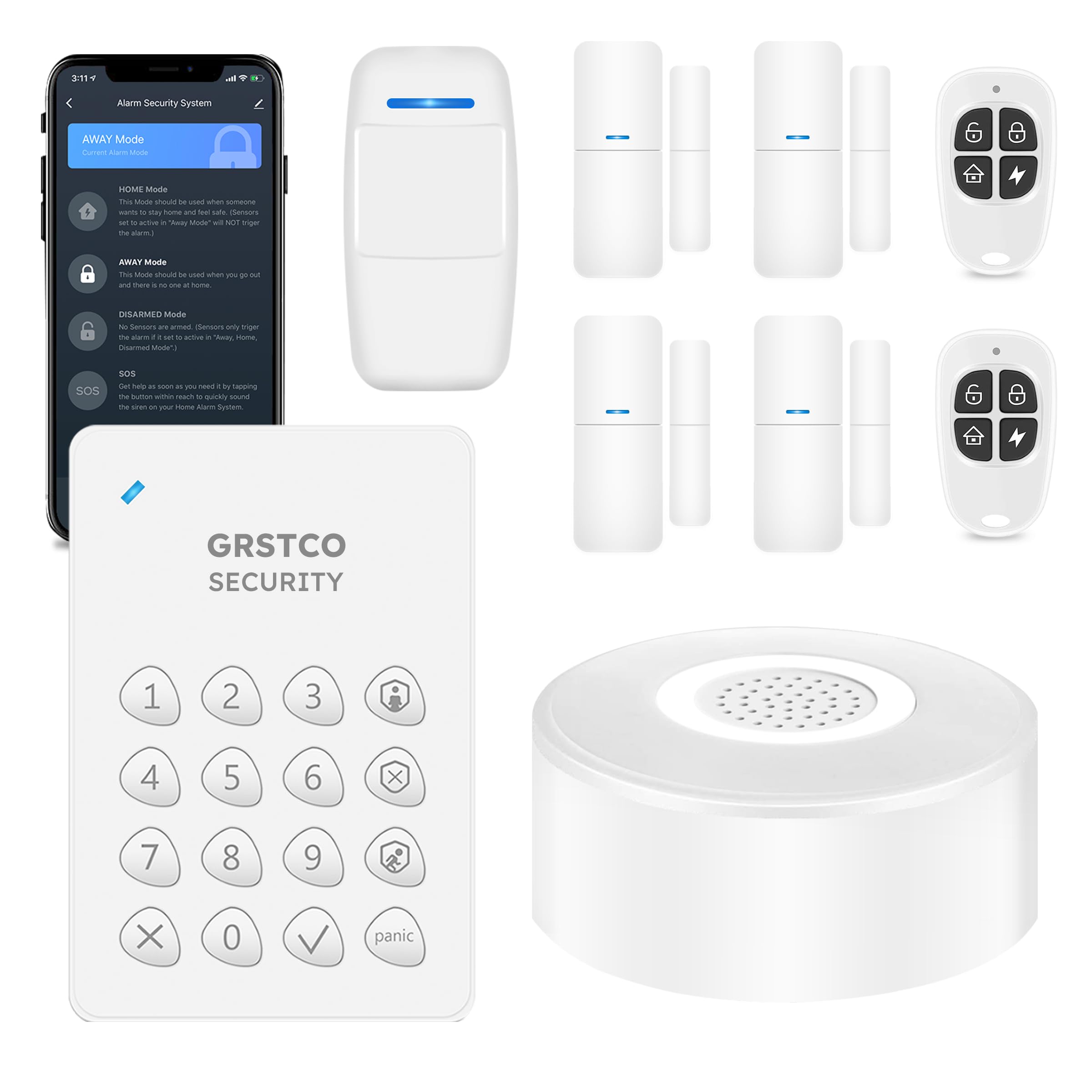 GRSICO Door Alarm System, DIY Smart Home Alarm Security System 9 Pieces-Kit (Alarm Siren, Door Window Sensors, Remotes, Motion Sensor, Keypad), Work with Alexa, for House, Apartment