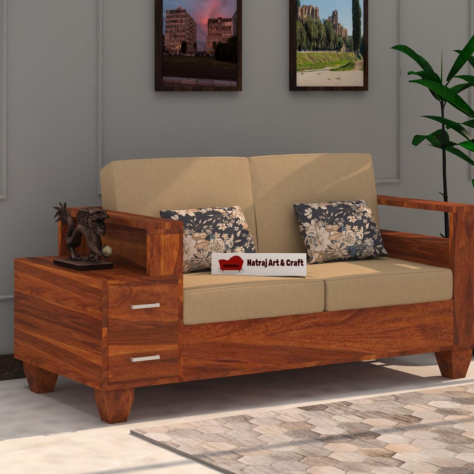 NATRAJ ART & CRAFT Wooden Sofa Set for Living Room and Office Two Seater (2 Seater, Natural Teak Finish)