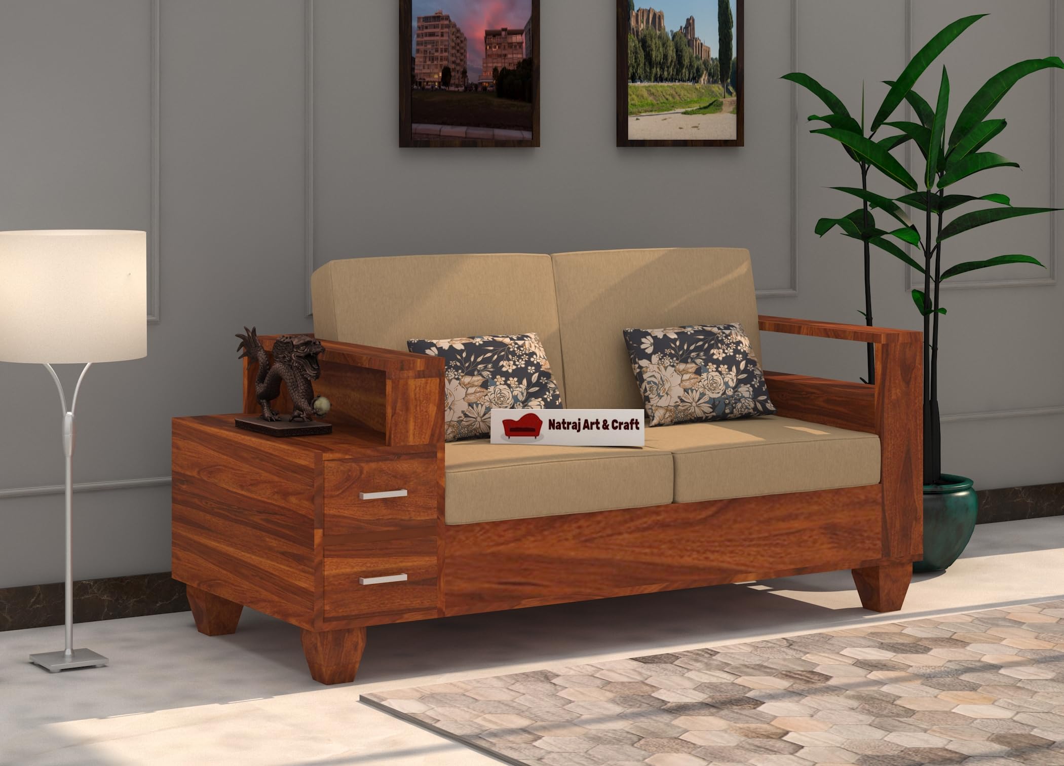 NATRAJ ART & CRAFT Wooden Sofa Set for Living Room and Office Two Seater (2 Seater, Natural Teak Finish)