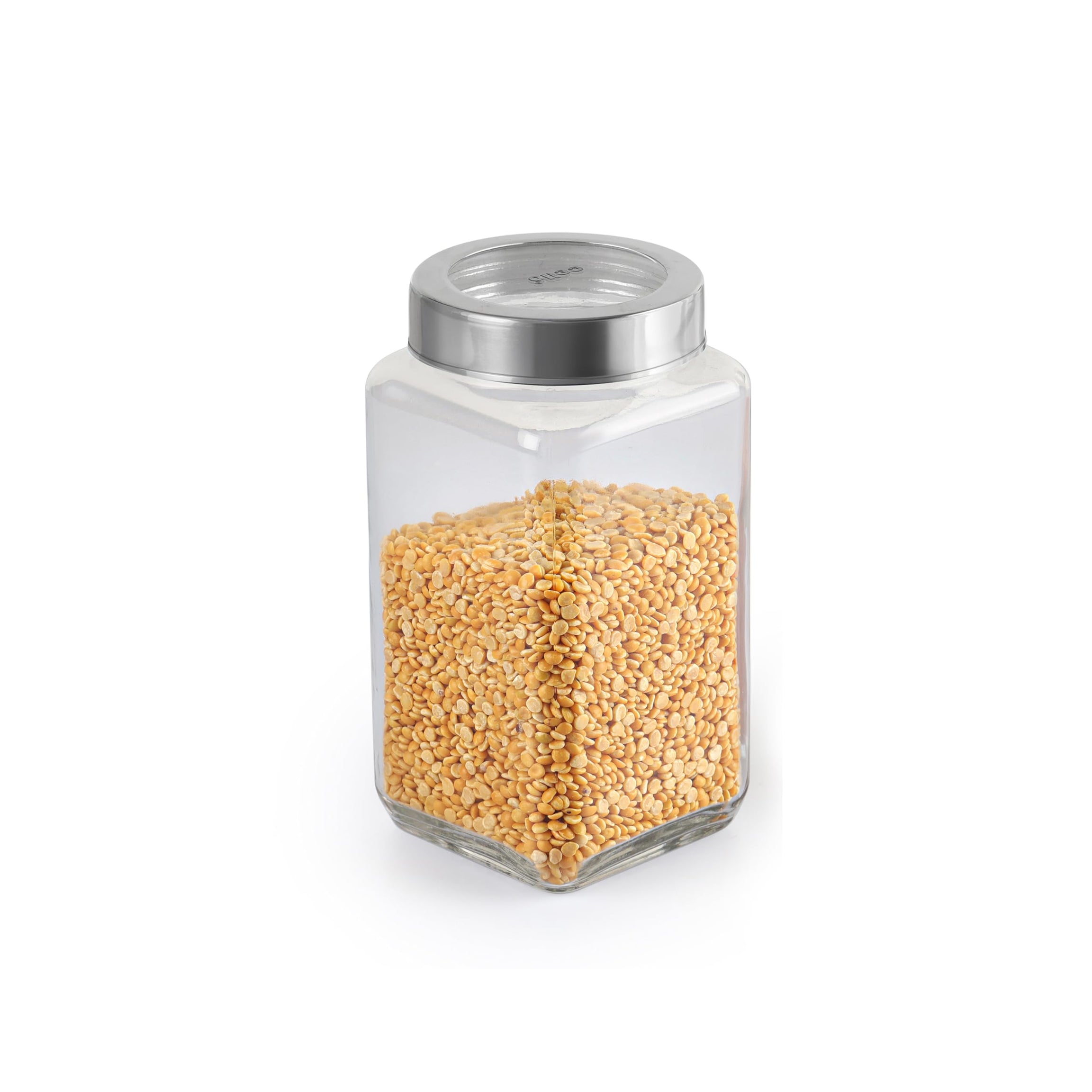 CELLO Qube Fresh Glass Storage Jar | Container with Air tight Silver Metal Lid | Multipurpose Jar | For Storage of Food, Pulses, Spice, Cereals, Cookies, Dry Food | 1000ml, Clear