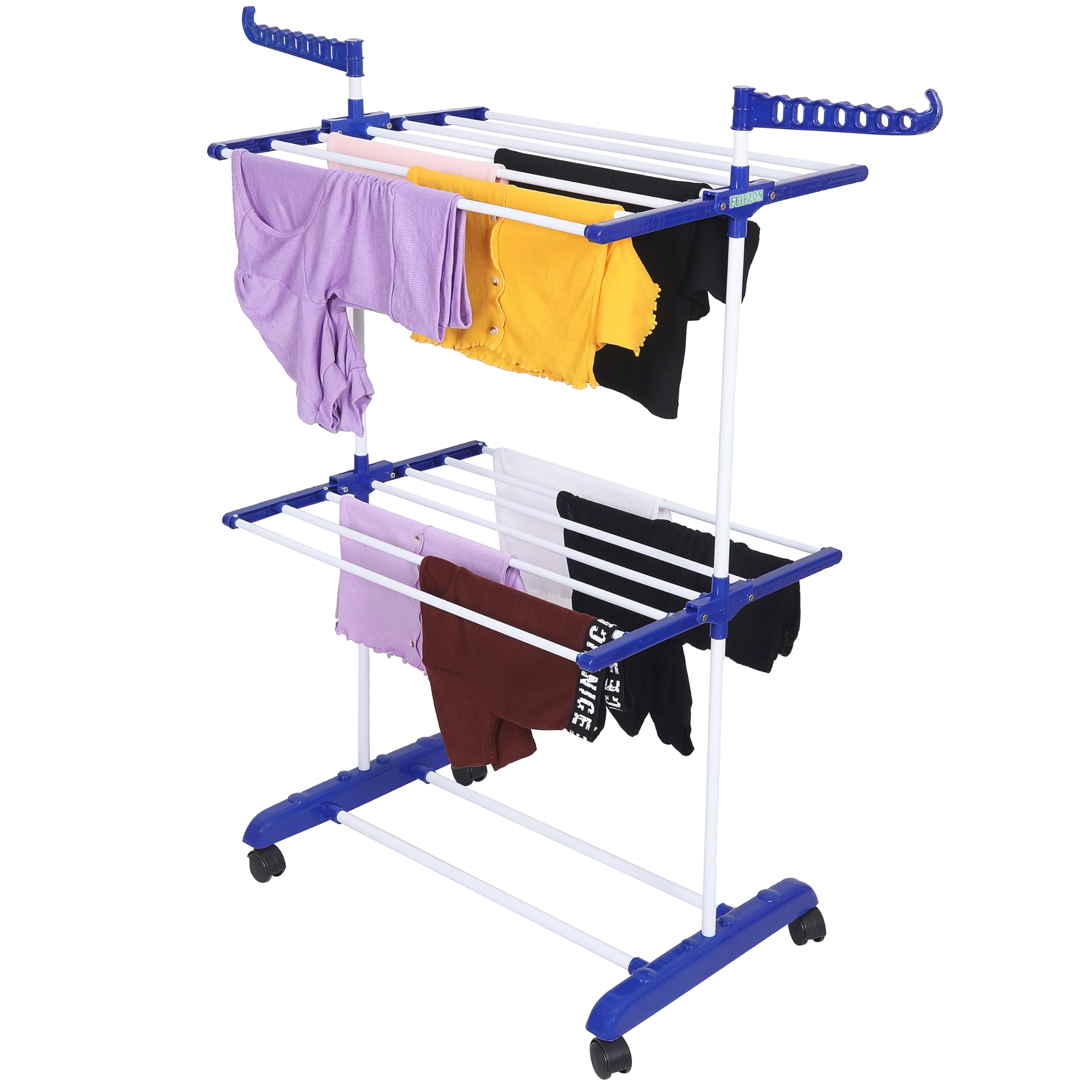 FLIPZON Premium Clothes Stand for Drying with Wheels | Portable | 2 Layer Rack for Balcony | Foldable Wings | 14 Hanger Rods | Alloy Steel & Plastic (White & Blue)