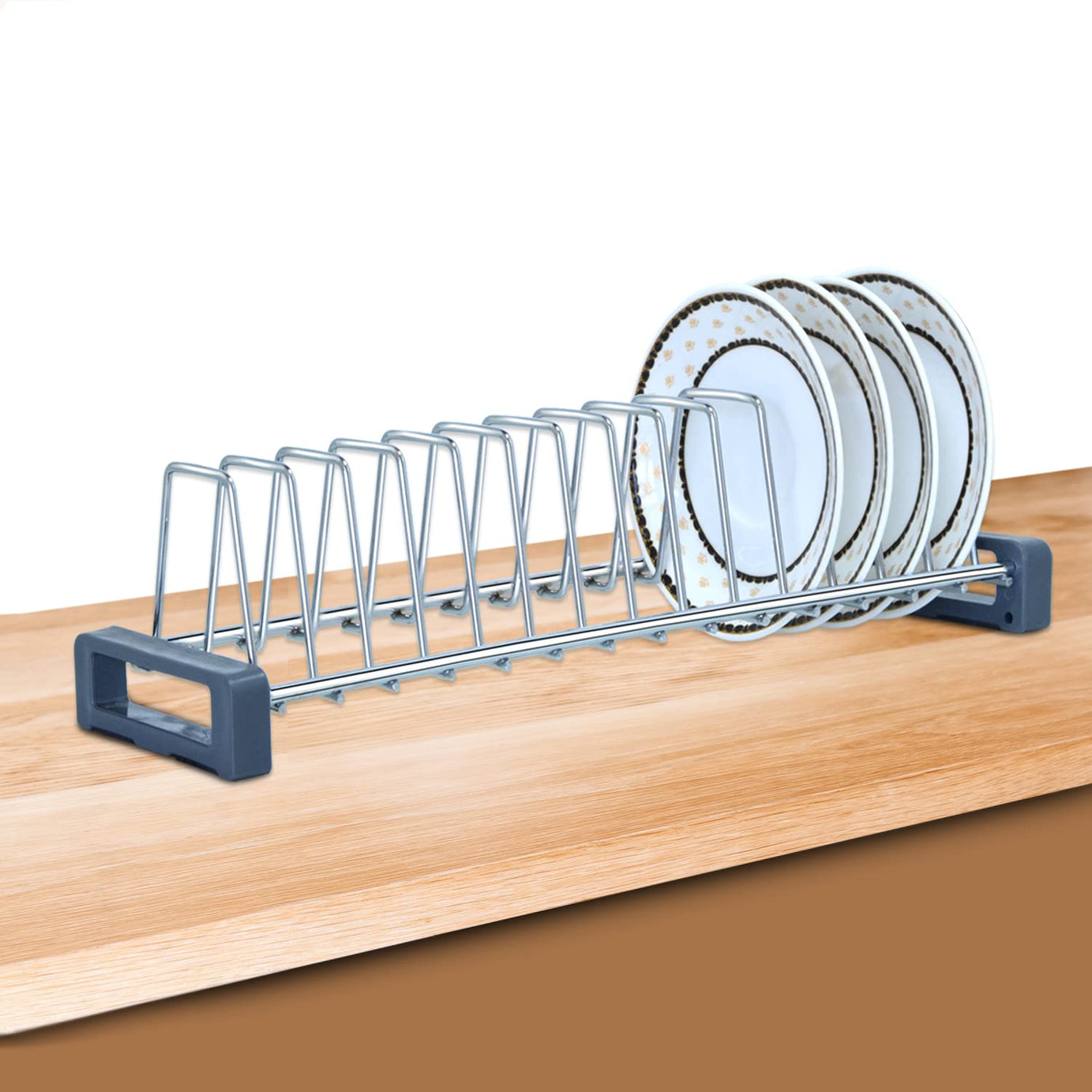 SmartSlide Stainess Steel Kitchen Drawer Plate Fixer/Tandem Basket Saucer Rack/Tandem Box Rack/14 Section Saucer Rack/Saucer Stand/Plate Rack/Plate Stand, Silver (Saucer Rack 20 Inch)