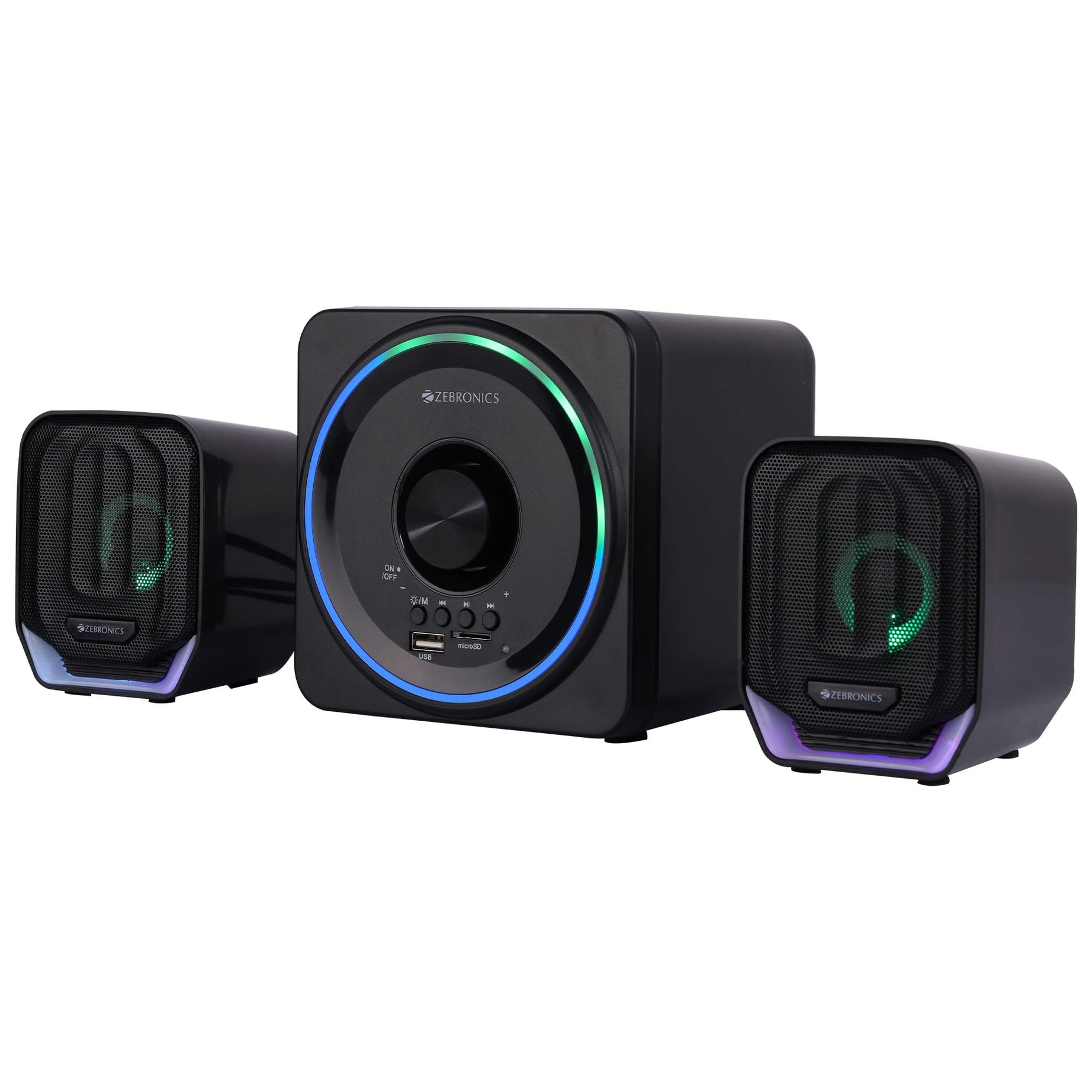 ZEBRONICS PLUTO 2-2.1 Channel Desktop Speaker with 15 watts output, Bluetooth 5.0, USB, mSD, FM, 3.5mm jack Line Input, Inbuilt Volume Control, USB Powered, RGB Lights