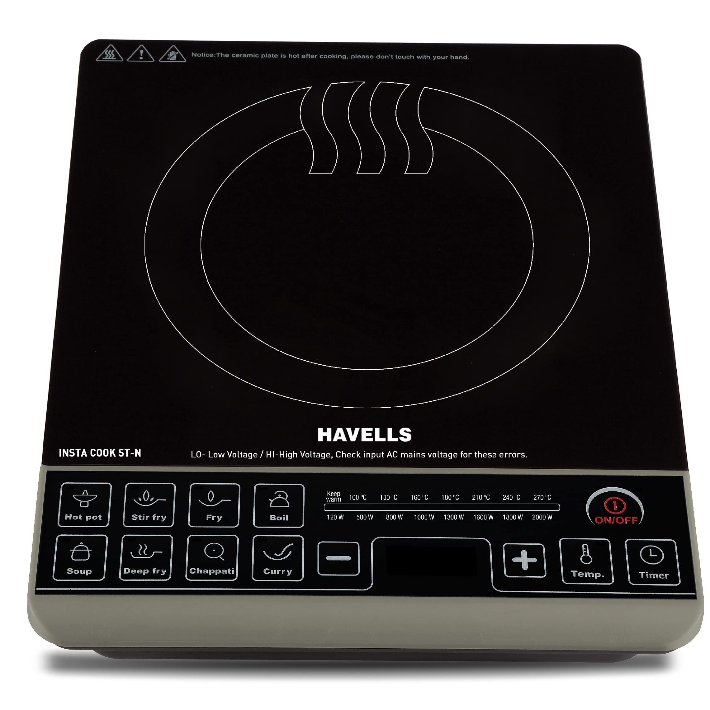 Havells Insta Cook St-N Energy Efficent Induction (Black), 2000 Watt, With 9 Cooking Option, Digital Led Dispay, Auto Pan Detection Sensor & Copper Coil With 3 Year Warranty, Crystal Glass