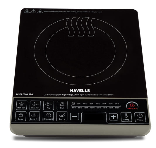 Havells Insta Cook St-N Energy Efficent Induction (Black), 2000 Watt, With 9 Cooking Option, Digital Led Dispay, Auto Pan Detection Sensor & Copper Coil With 3 Year Warranty, Crystal Glass