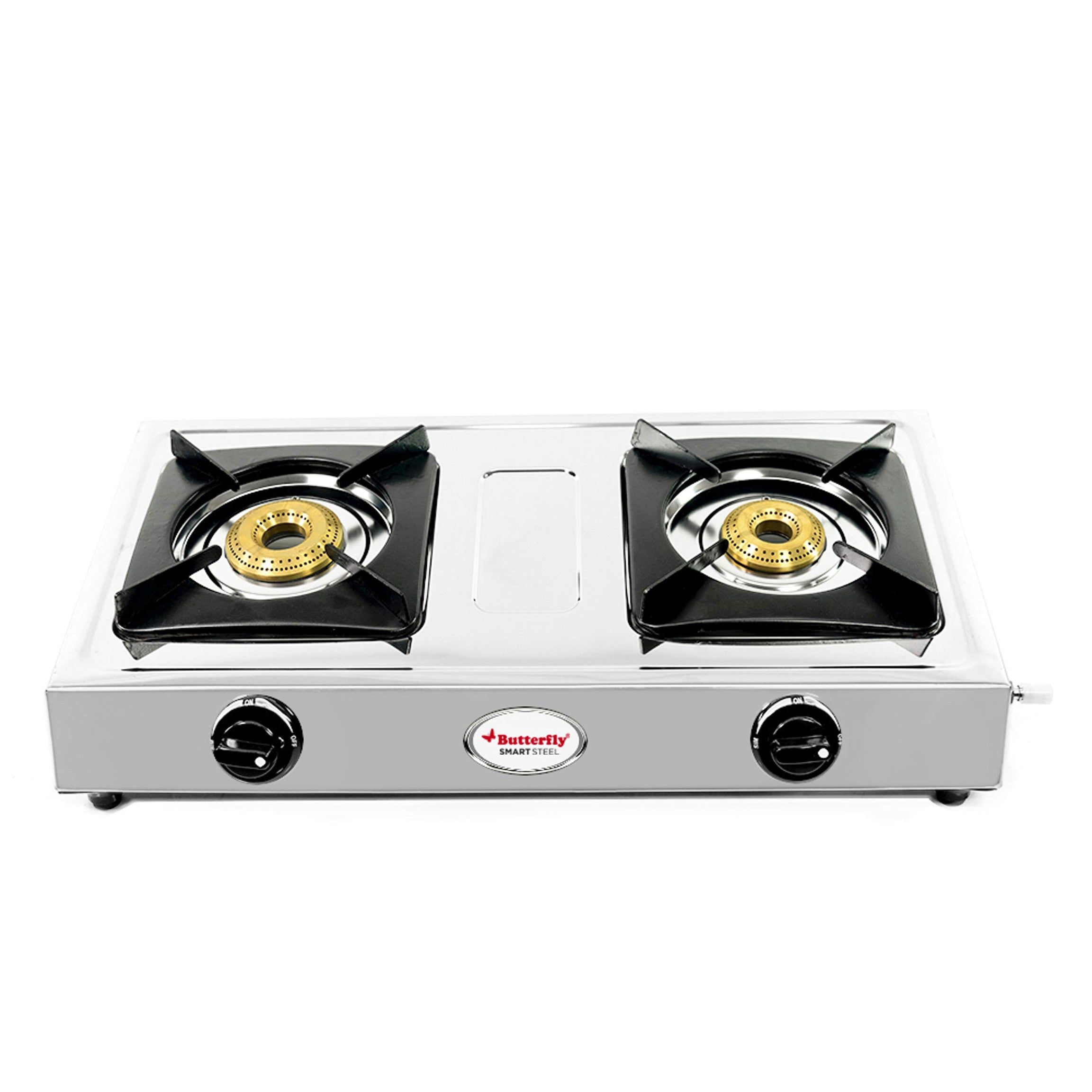 Butterfly Smart 2 Burner Stainless Steel Gas Stove | Manual Ignition | Brass Burners | Skid-proof Legs | 1 Year Manufacturer's Warranty | Grey