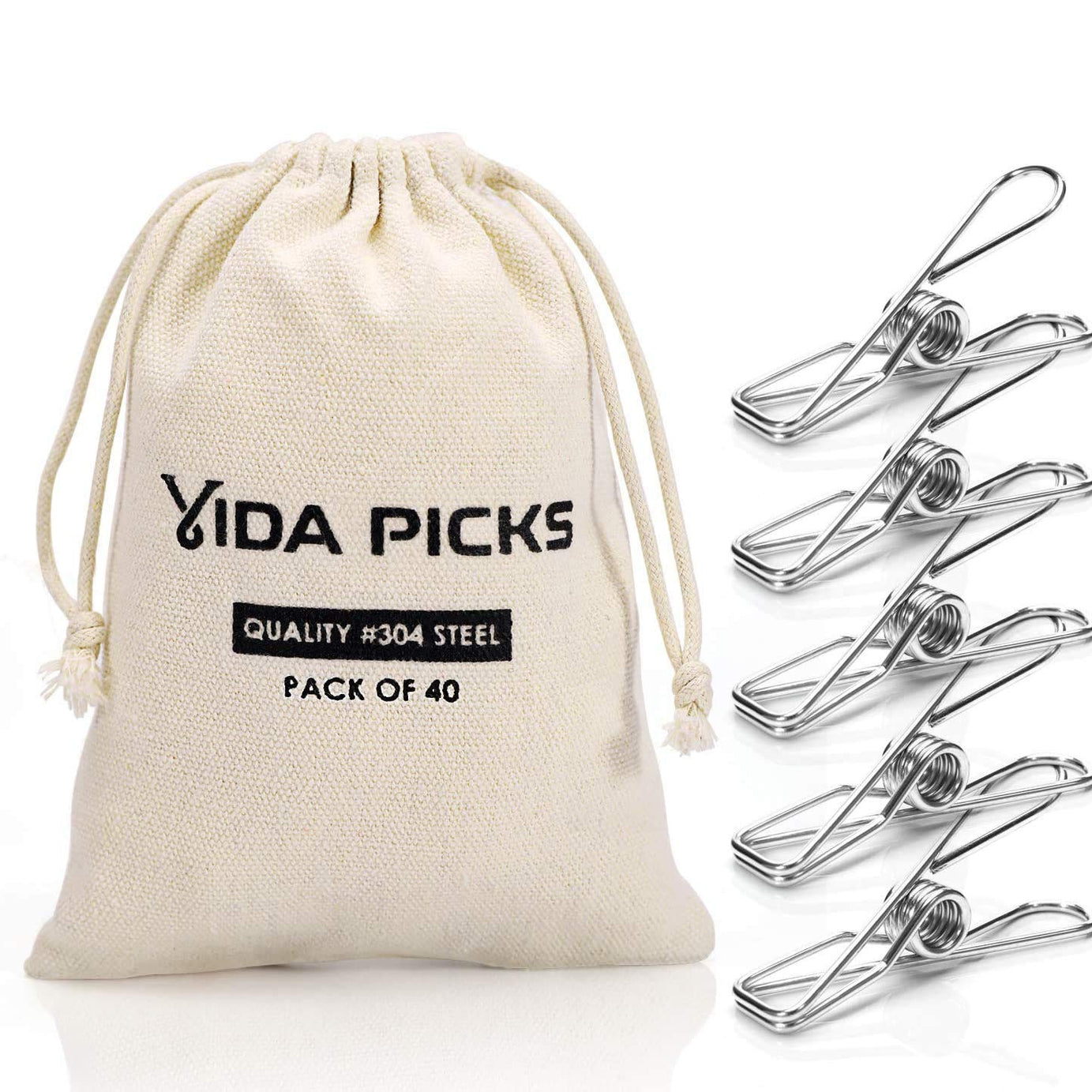 Vida Picks Stainless Steel Clothespins Laundry Clips-40 Pack Bulk Clothes Pins with Heavy Duty, Metal Durable Clothes Pegs Multi-Purpose (Silver)