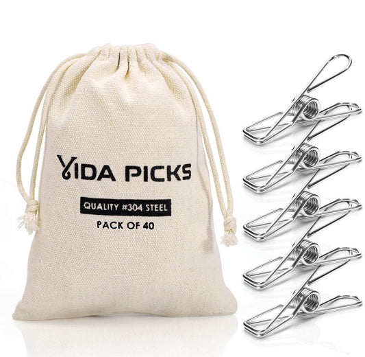 Vida Picks Stainless Steel Clothespins Laundry Clips-40 Pack Bulk Clothes Pins with Heavy Duty, Metal Durable Clothes Pegs Multi-Purpose (Silver)