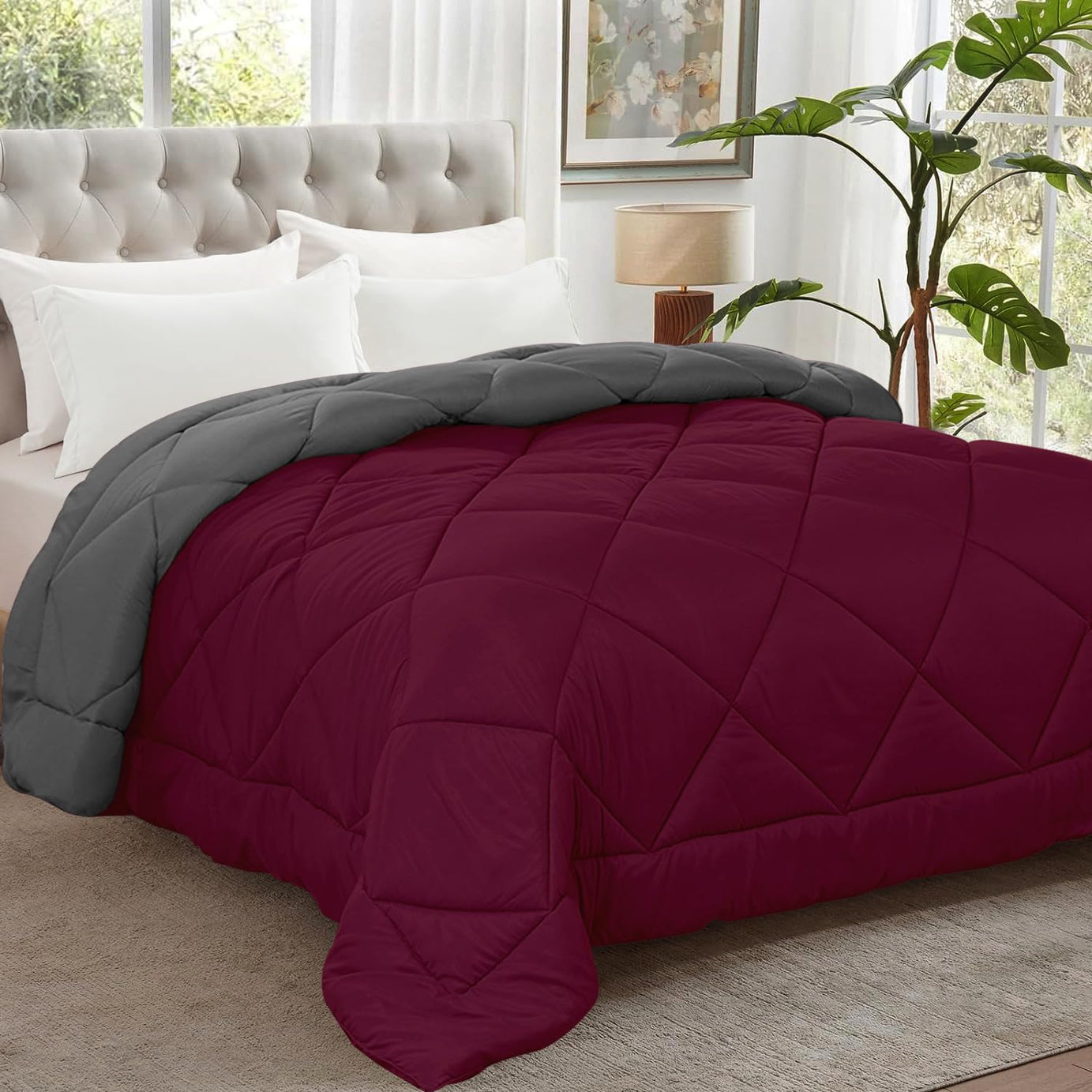 Homestan Microfibre Reversible Ac Comforter Double Bed King Size Quilt Blanket (200 Gsm, Grey & Maroon), 200 tc