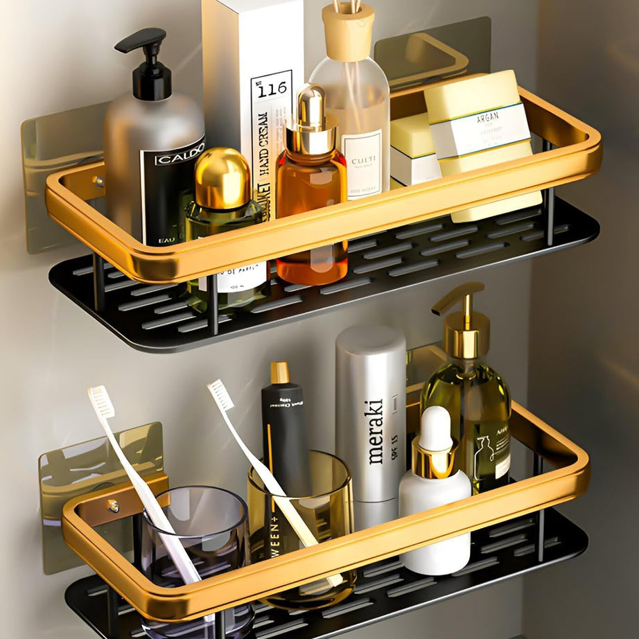 BINSBARRY Self-Adhesive Multipurpose Wall Mounted Bathroom Shelf and Rack for Bathroom and Kitchen, Space Saving Bathroom Organizer Shelf, Punch Free Wall Shelves, Wall Stand (Pack of 2, Gold Shelf)