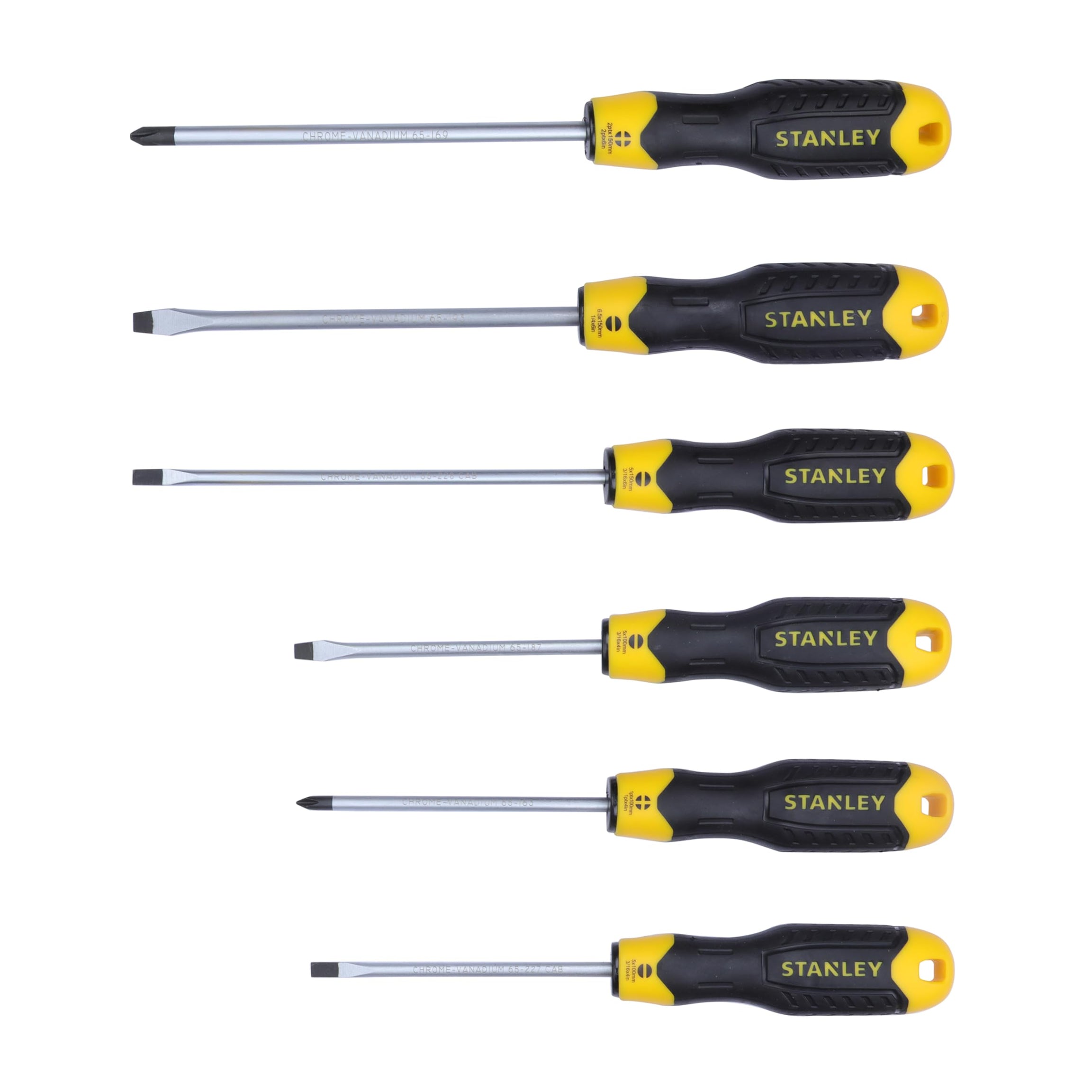 STANLEY STHT65242 6-Piece Cushion Grip Screwdriver Set for Home, DIY, Professional & Industrial Use Ideal for Carpentry, Construction, Mechanical, Electrical & Plumbing Tasks, YELLOW & BLACK