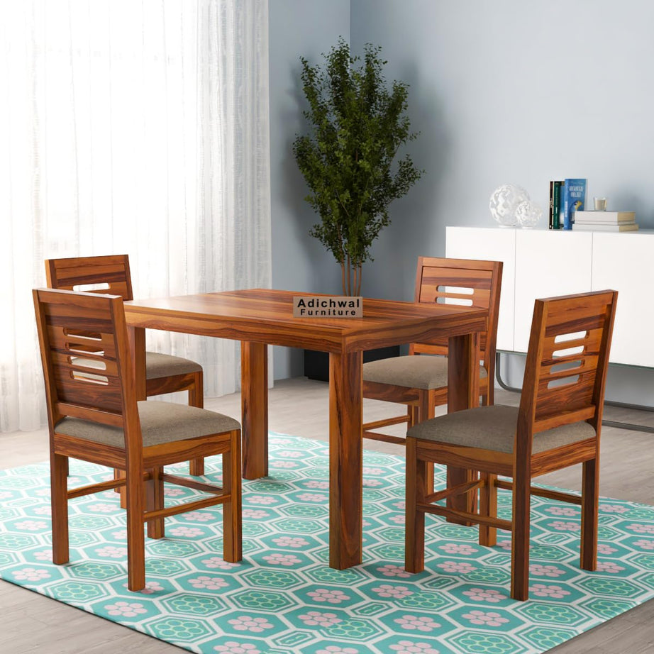 Adichwal Furniture Solid Sheesham Wood 4 Seater Dining Set Dining Table Set with Cushioned Chairs for Dining Room | Living Room | Home & Office | Hotels Restaurant (4 Seater, Honey E)