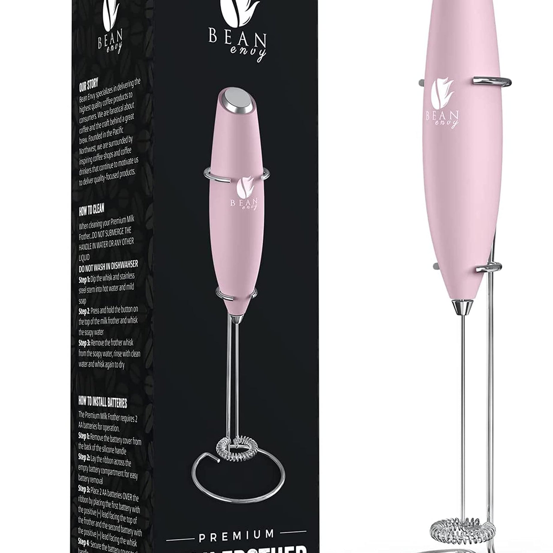 Bean Envy Milk Frother for Coffee - Handheld Battery-Operated Electric Milk and Coffee Frother, Mini Electric Drink Mixer, Foamer & Frother with Stand for Coffee, Lattes, Hot Chocolates and Shakes - Pink