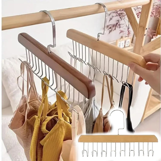 DIVUE 2 pcs Wooden Hangers for Wooden Belt Hanger for Tie 8 Hooks Adjustable Closet Hangers Lingerie Belt Scarf Tie Storage Racks Foldable Hooks Wood Hanger Wardrobe Organizers for Men Women (2)