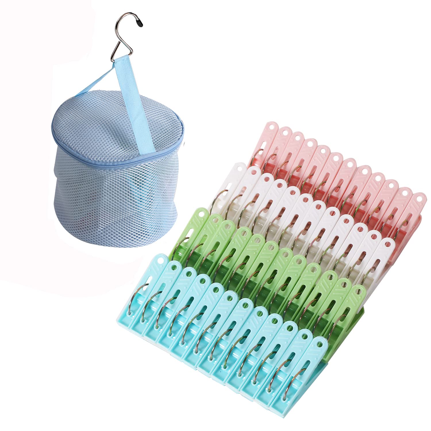 Plastic Clothes Pins Heavy Duty Outdoor for Hanging Clothes, Colored Clothespins Clips with Springs-48 Pack Clothes Drying Line Pegs with Mesh Clothes pin Bag，Crafts Picture Clips Food Package Clips