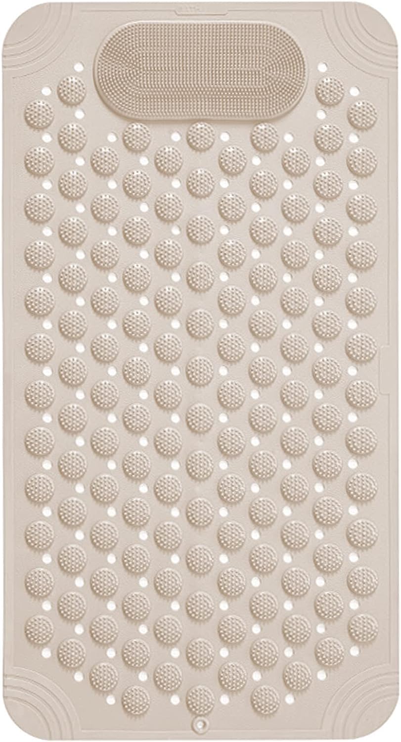 RichAxis Anti skid bath mat with foot scrubber for bath room shower mat with Suction Cups & Drain Holes silicone floor mat for Kids & Adults (70 x 35, Beige)